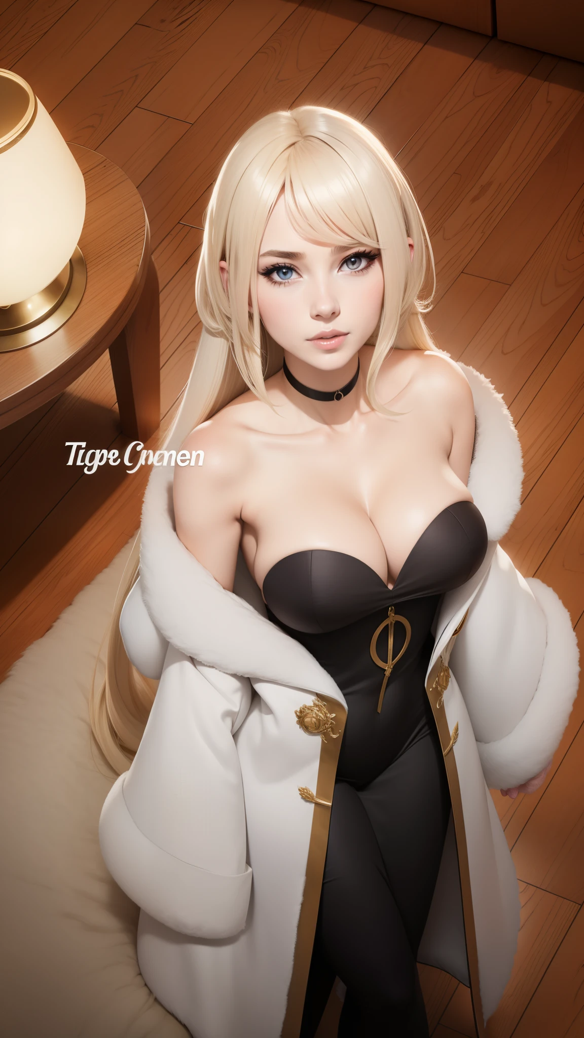 anime girl in black dress sitting on a chair with a lamp, official anime still, official art, seductive anime girl, anya from spy x family, furr covering her chest, today's featured anime still, female anime character, blonde anime girl with long hair, official studio anime still, fur covering her chest, violet evergarden, anime best girl