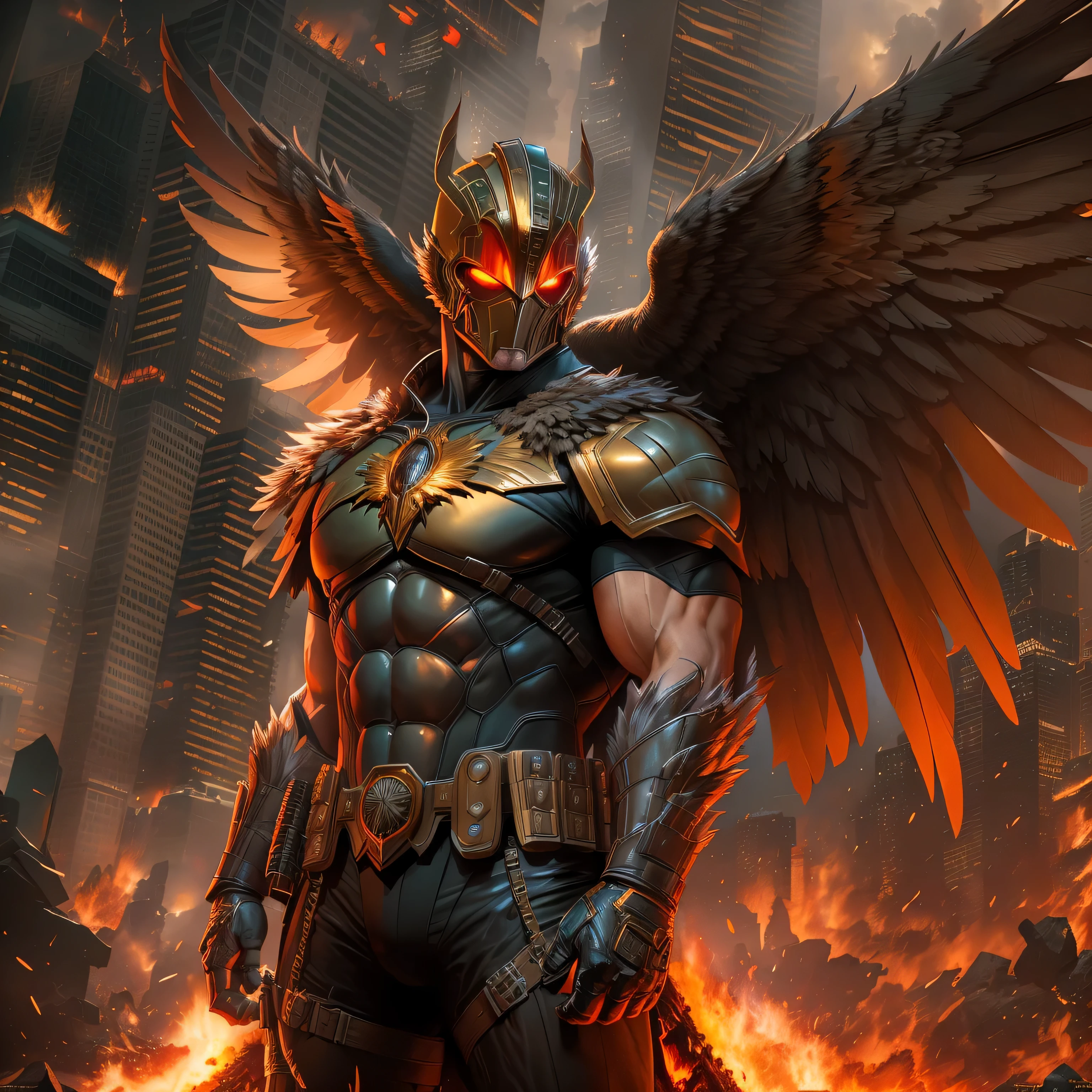DC comic's Hawkman in dark knight costume, hawk helmet, in front of a fire, epic anime art, artgerm craig mullins, anime concept hdr anime macmanus, jin - roh, by Arthur Pan, antoine collignon, by Yang J, with bright red eyes, style of raymond swanland, artgerm and craig mullins, red son, dan mumford. 8k octane rendering