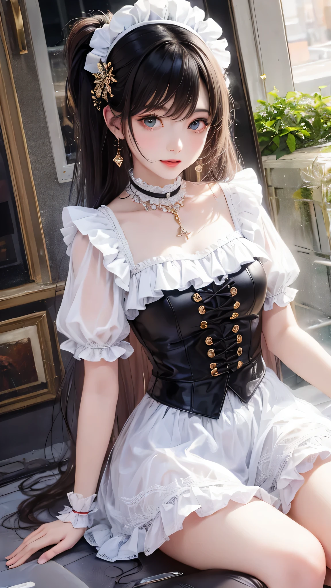 Beautiful white and shining skin、Chestnut hair that changes depending on the light、Long bangs between the eyes that obstruct the view、Cheek gloss highlights、Sexy and very beautiful nice gorgeous face、the most beautiful face in the world、short bob、Smooth straight hair、medium breasts、Big and bright eyes、beautiful bangs、Beautiful and beautiful woman、small face beauty、headdress、white blouse、black ribbon、ruffle skirt、puff sleeves、collar、choker、white apron with fine frills、white knee high socks、black maid costume、beautiful thighs、golden ratio、Cheek gloss highlights