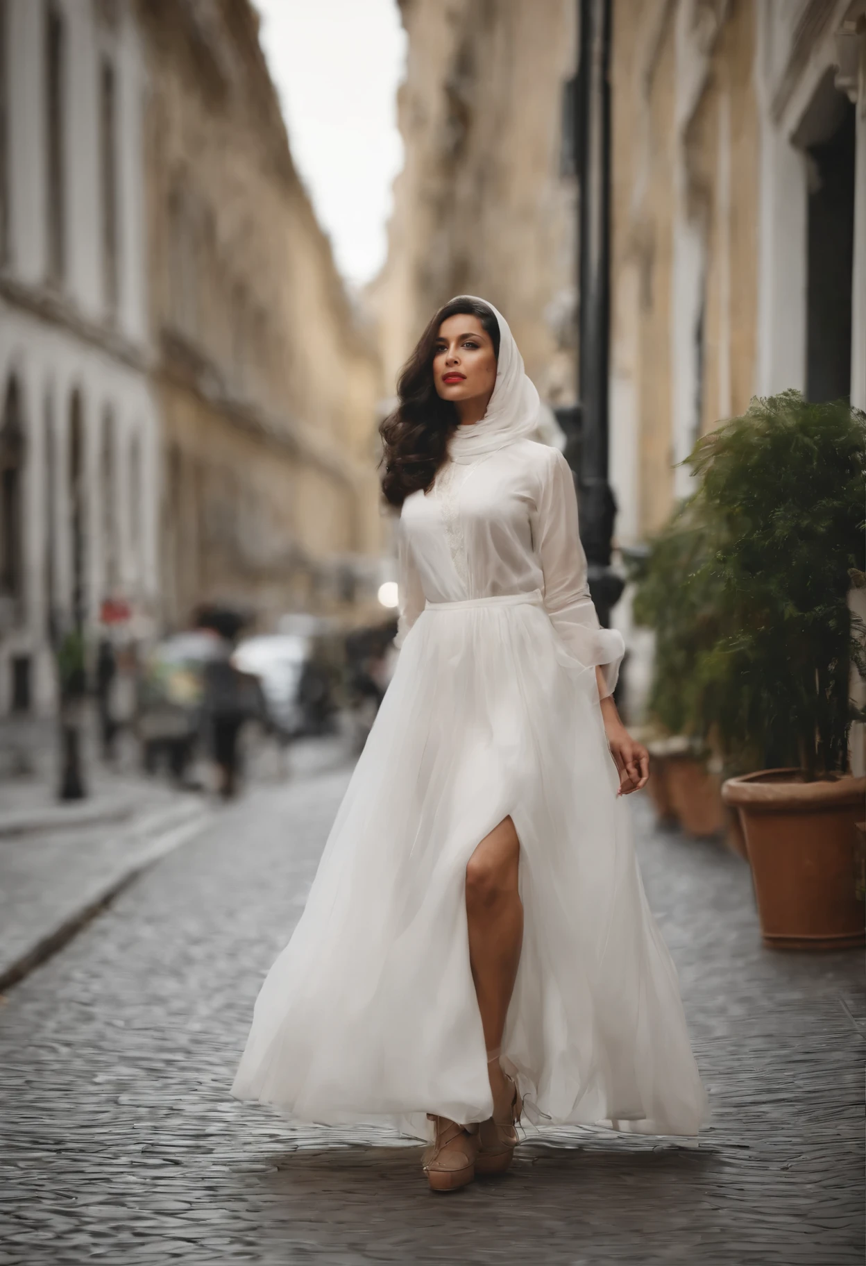 (masterpiece), best quality, malaysian woman,((35 years)), curvaceous, wearing hijab, Masterpiece: 1.3, wearing pearl hijab, long skirt, white stockings, heels, Masterpiece, Paris view background, bokeh,