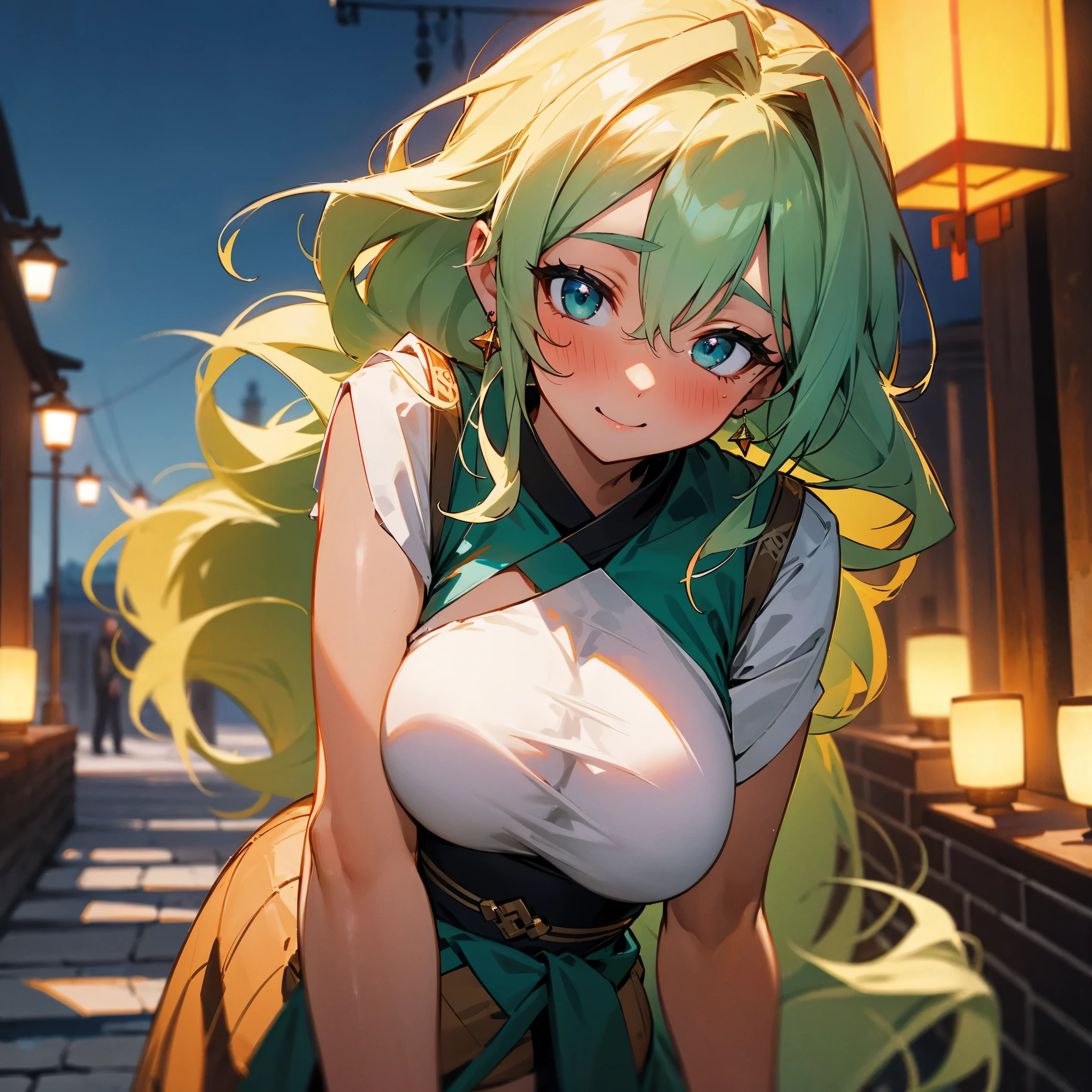 1female, adult, sexy, big breast, tan skin, finely detailed teal eyes, long wavy hair, spring green ombre hair color, casual clothing, blushing, standing in alley, night, village background, excited expression, earrings, lanterns, cute expression