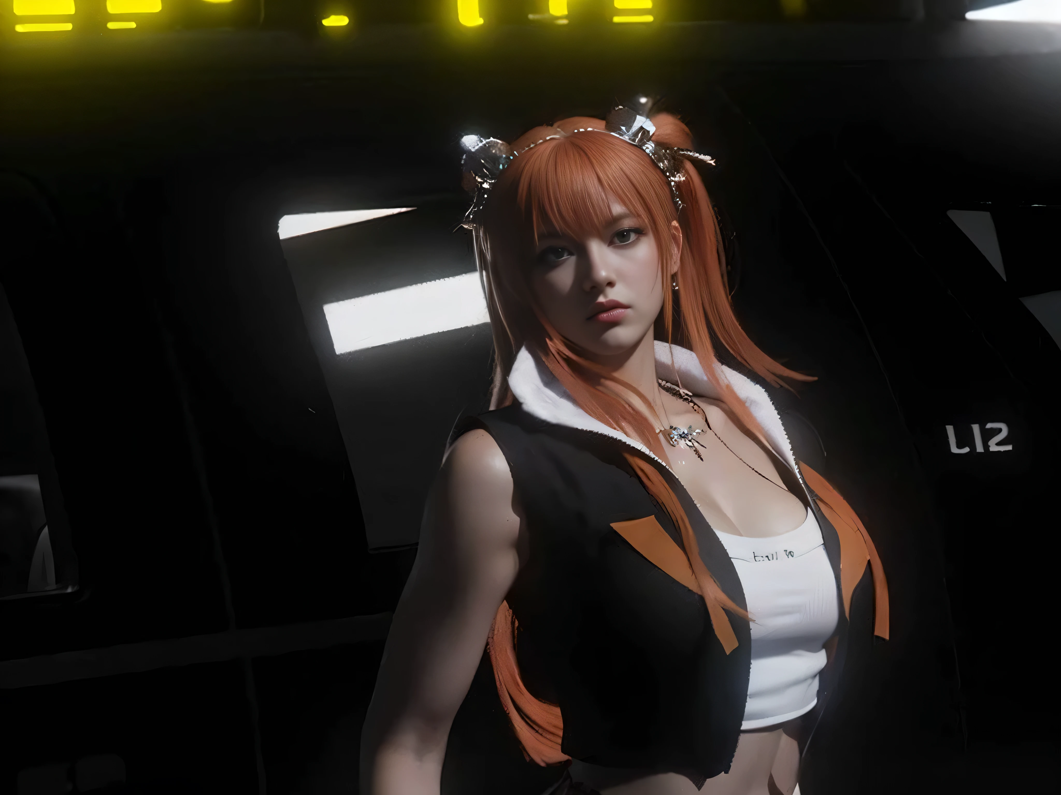 a close up of a WOMEN in a costume standing in front of a car, leeloo outfit, tranding on pxiv, rings asuka iwakura station game, as a character in tekken, asuka suit under clothes!, misa amane *, inspired by Leiko Ikemura, asuka langley sohryu, female character, second life avatar
