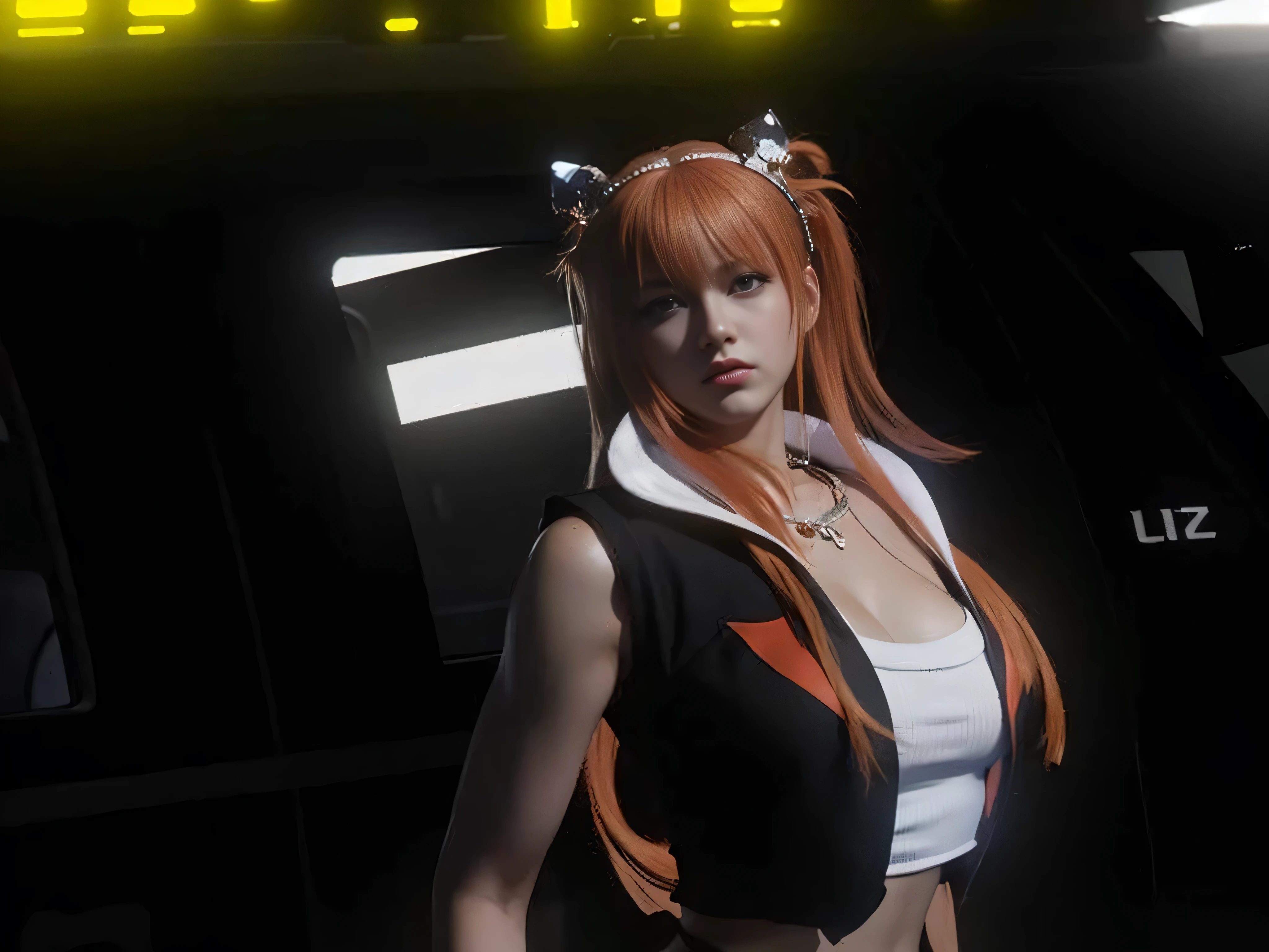 a close up of a WOMEN in a costume standing in front of a car, leeloo outfit, tranding on pxiv, rings asuka iwakura station game, as a character in tekken, asuka suit under clothes!, misa amane *, inspired by Leiko Ikemura, asuka langley sohryu, female character, second life avatar