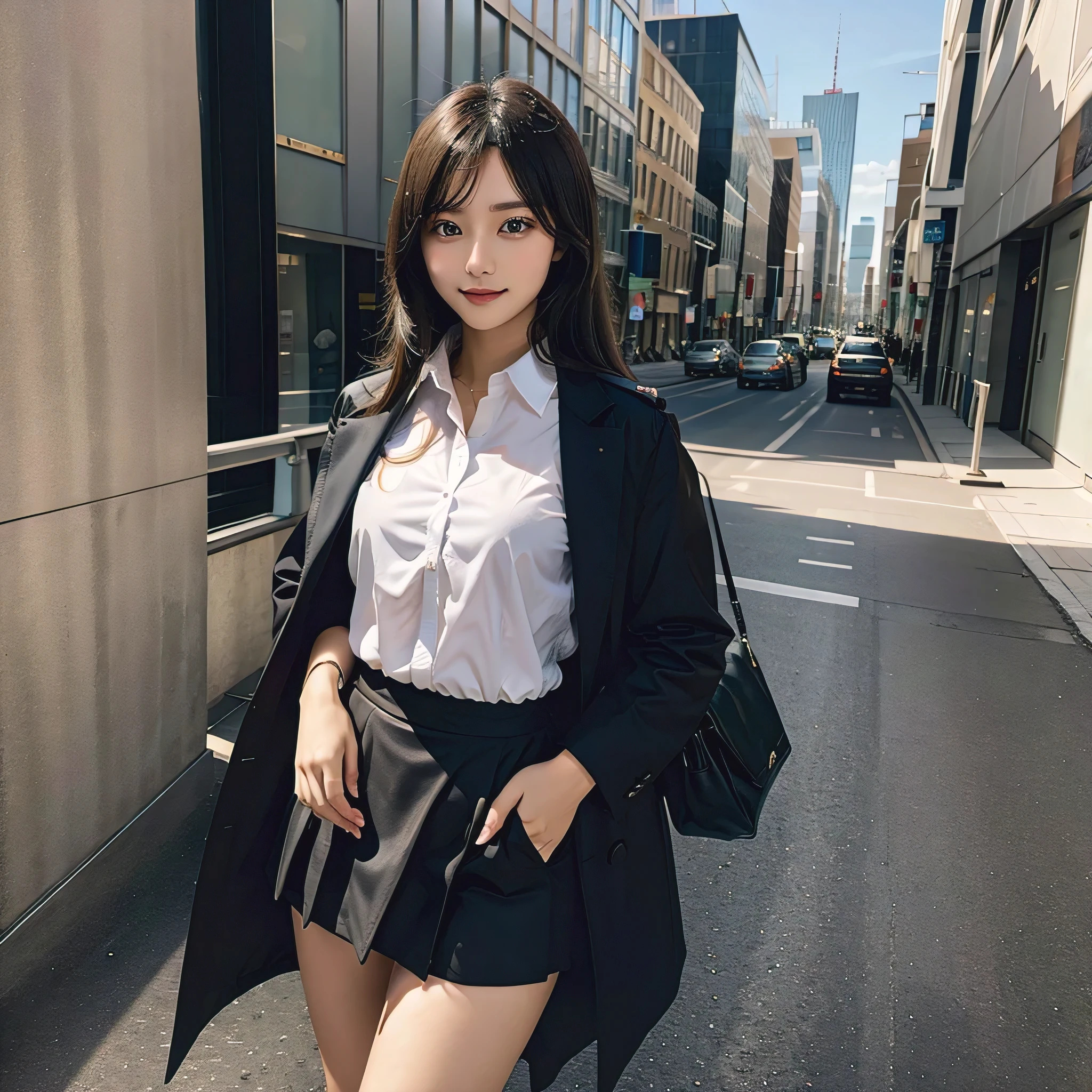Rinka High school student Cool black coat Camisole cutter shirt Black skirt One-handed smartphone 1 person 4K