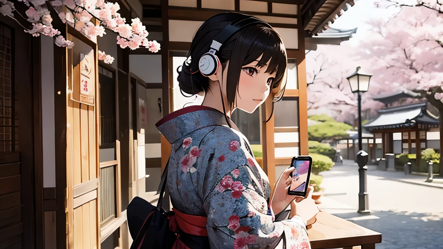 Kyoto, Japan、A girl wearing a kimono is wearing headphones and listening to music on her smartphone at a cafe in Kyoto.。You can see the shrine and the cherry blossoms are blooming outside the cafe.、Japanese anime style
