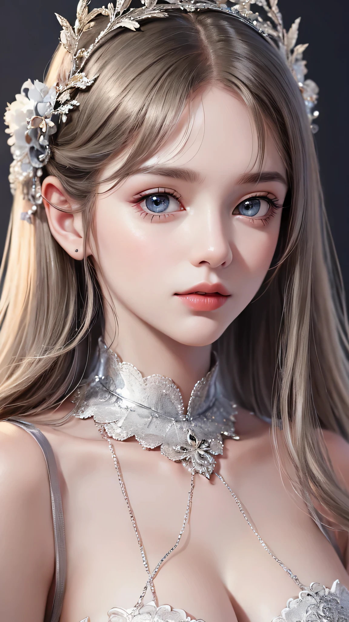 (Close-up:1.4)、(RAW shooting:1.2)、(photorealistic:1.4)、(masterpiece:1.3)、(highest quality:1.4)、bright look、exquisitely beautiful girl、extraordinary beautiful girl、Detailed cute and beautiful face、beautiful bangs、glowing white shiny skin、facial hair、Bangs that extend to the face、bangs between the eyes、super long hair、Charming light and dark platinum blonde super long straight silky hair、thin hair、Charming shining beautiful bright clear light blue big eyes、luxurious dress、tiara、double eyelids、rich bust、Upper body、ancient city