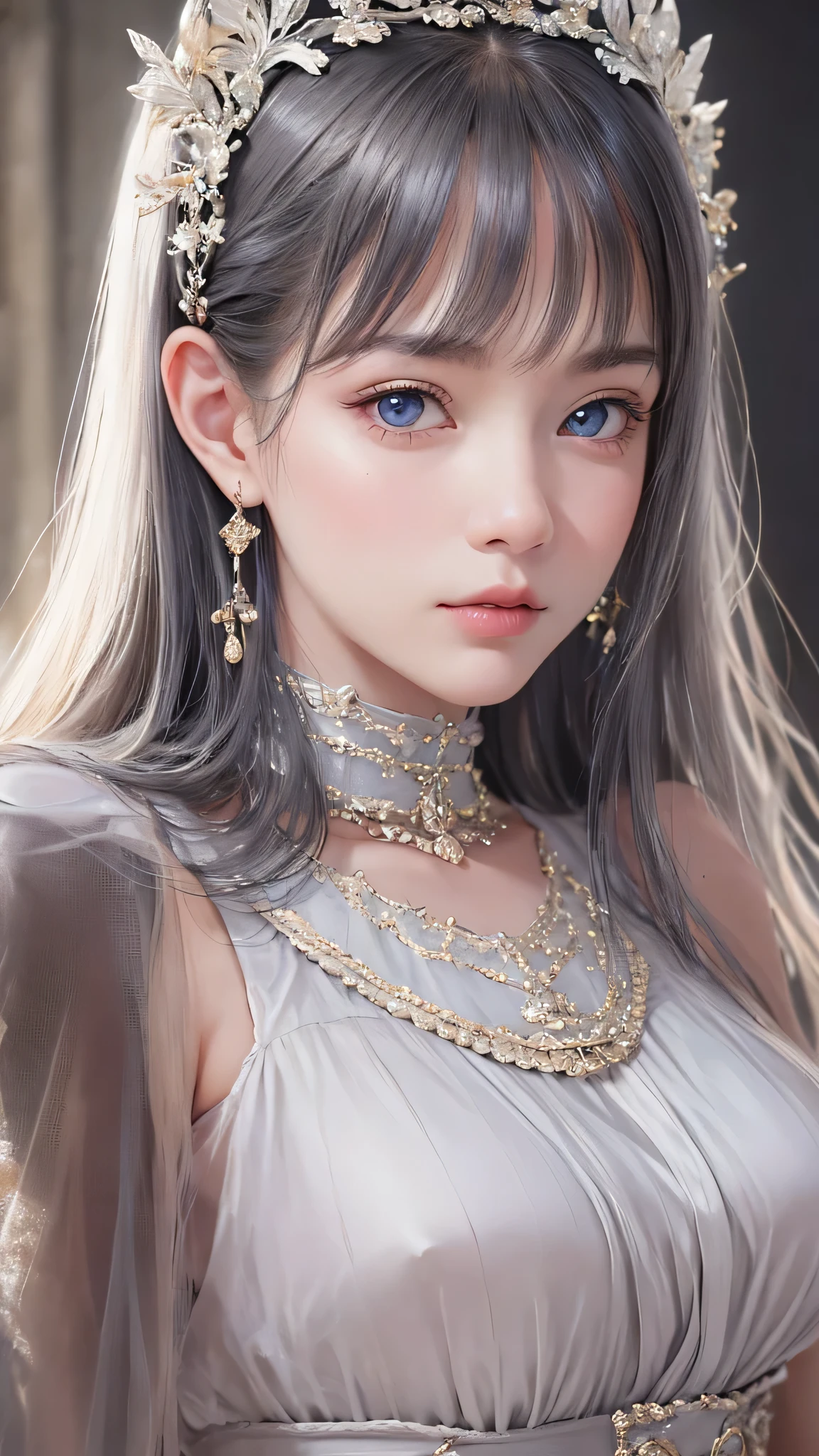 A woman with long hair wearing a tia and a dress - SeaArt AI