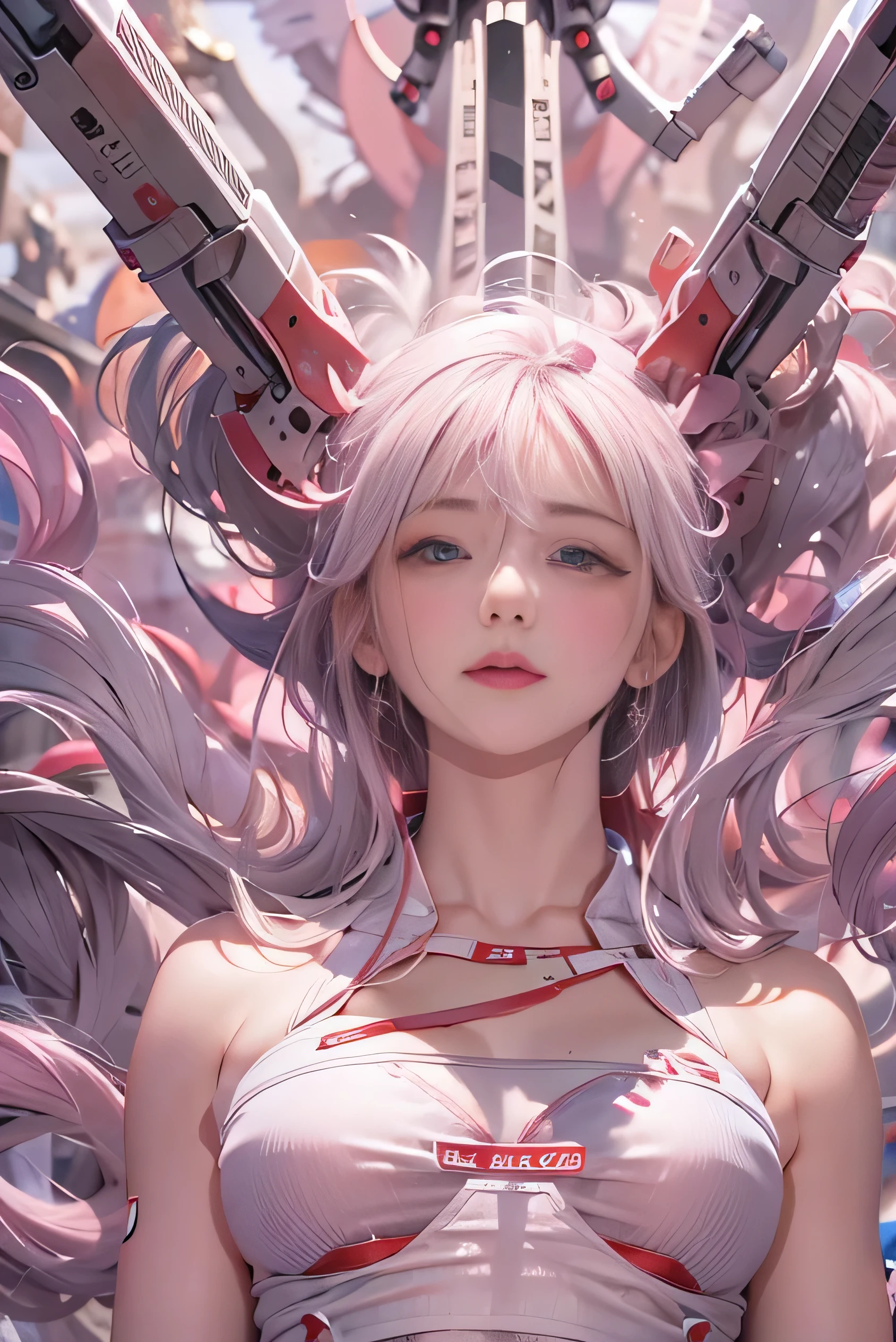 High-definition images、atmospheric perspective、8K、Super detailed、correct、highest quality、look away、Aerial view from below、(((A relief of the outline of a woman from her face to her shoulders is embedded in the giant weapon of God that will destroy humanity.、That face is in intense orgasm)When a weapon fires a thick beam to destroy the ground))、Drooping eyes、blush、(sleepy)、open your mouth、Spread your legs apart、(combat uniform)、plain white pants、small breasts、small ass、thin thighs、tiny earrings、Float above the city、hair up、