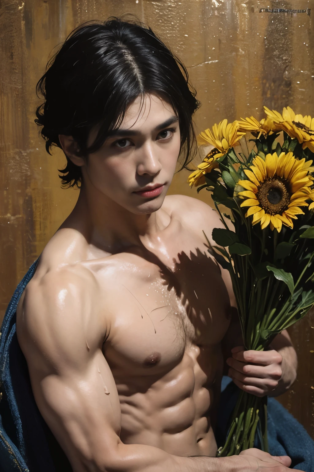 A painted portrait of a javanese prince, majapahit warrior, javanese male beauty, wavey hair, big seductive eyes, big lips, tan skin, handsome male, young, insanely handsome, upper body, muscular torso, fantasy, intricate, elegant, highly detailed, digital painting, art station, concept art, soft, sharp focus, illustration, art by charles dana gibson and Alphonse Mucha
