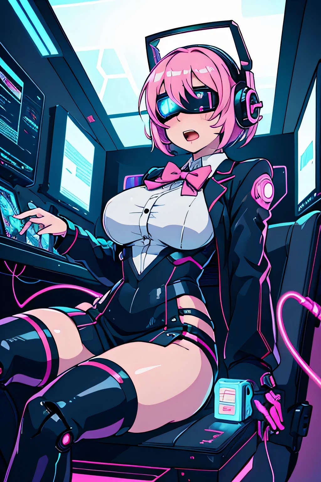 Anime cyborg girl sitting in a pilot seat wearing a virtual reality headset covering her eyes on her face with machinery and tubes and wires going inside her head and brain, (Best quality,highres:1.2), ultra-detailed, (realistic:1.3), cyberpunk, futuristic, portrait, shiny revealing latex outfit, cyber implants, virtual reality, drooling face, cables plugging into brain, shirt collar, bowtie, formal clothing, open mouth smile, facing viewer, girl is vibrating, glowing virtual reality headset, relaxed expression, blushing, cyber future formal wear, cyberpunk, futuristic, brain drain, cyber implants, virtual reality, drooling face, virtual reality headset covering eyes, school uniform, big collar, high collar, open mouth smile, pleasured face expression, skin tight clothing, big shirt collar, big bowtie, biggest breasts in the world, light-emitting cable connected to brain, head antennas, oversized headphones, breasts are vibrating, open mouth drooling, pleasured expression, red face blush, cyborg, android, mechanical creature, mechanical torso, futuristic cyberpunk cyborg body, slim futuristic android, glowing lights on girls body, power cells, head is emitting pink light, formal shirt collar, big formal bowtie, school uniform, glowing nipples, big shirt collar, high collar, white collar, electrocution, girl being electrocuted, electricity, electricity sparks, pink hair, short hair, neon pink hair