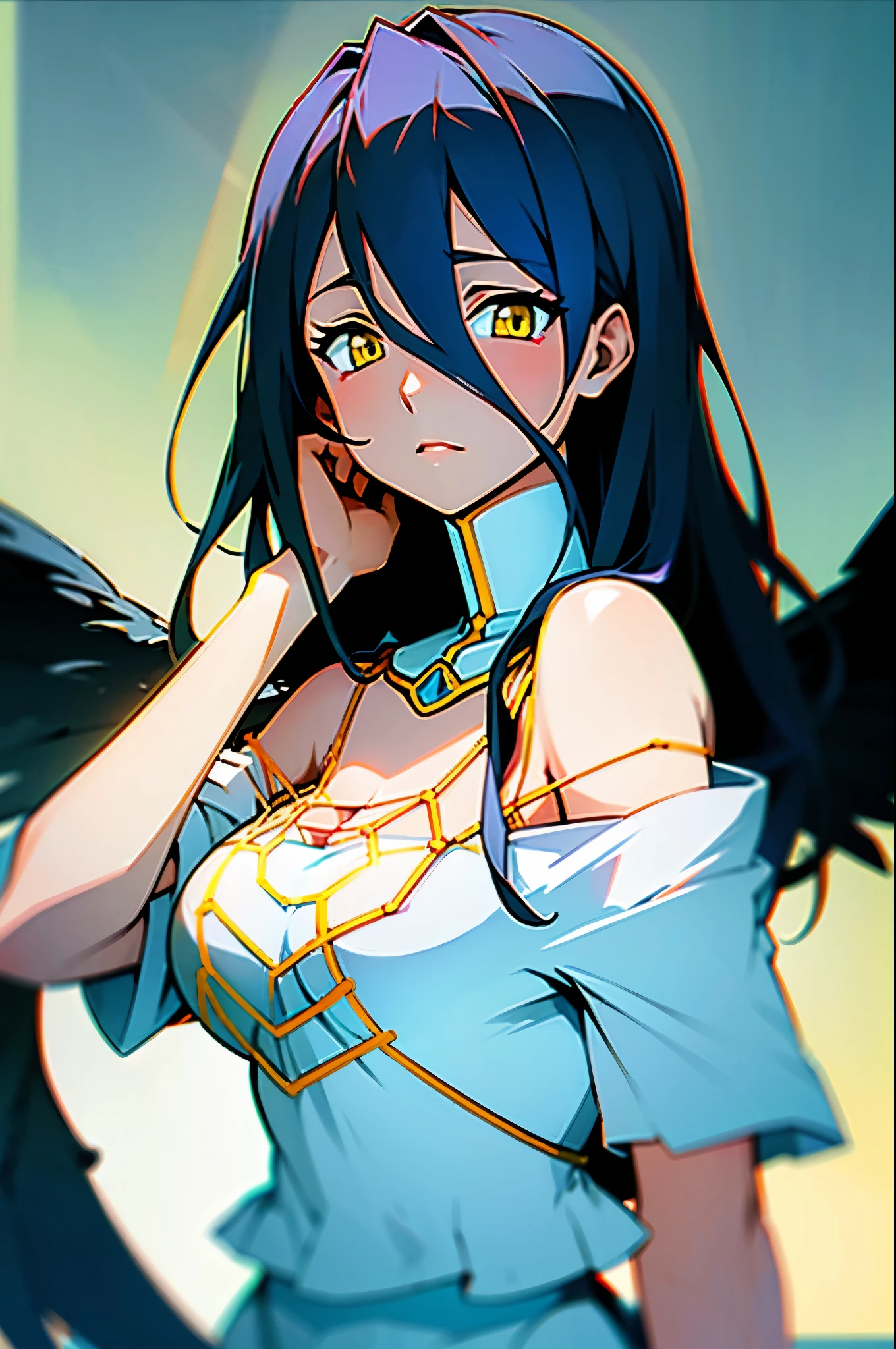 masterpiece, hatsune miku, White shirt, Blue tie, Exposing shoulders, The sleeves are separated, Evil Smiley Face, Dark Skin, Red eyes, Iris, Pupil orange,nude,The whole body is visible,I can see your pants,