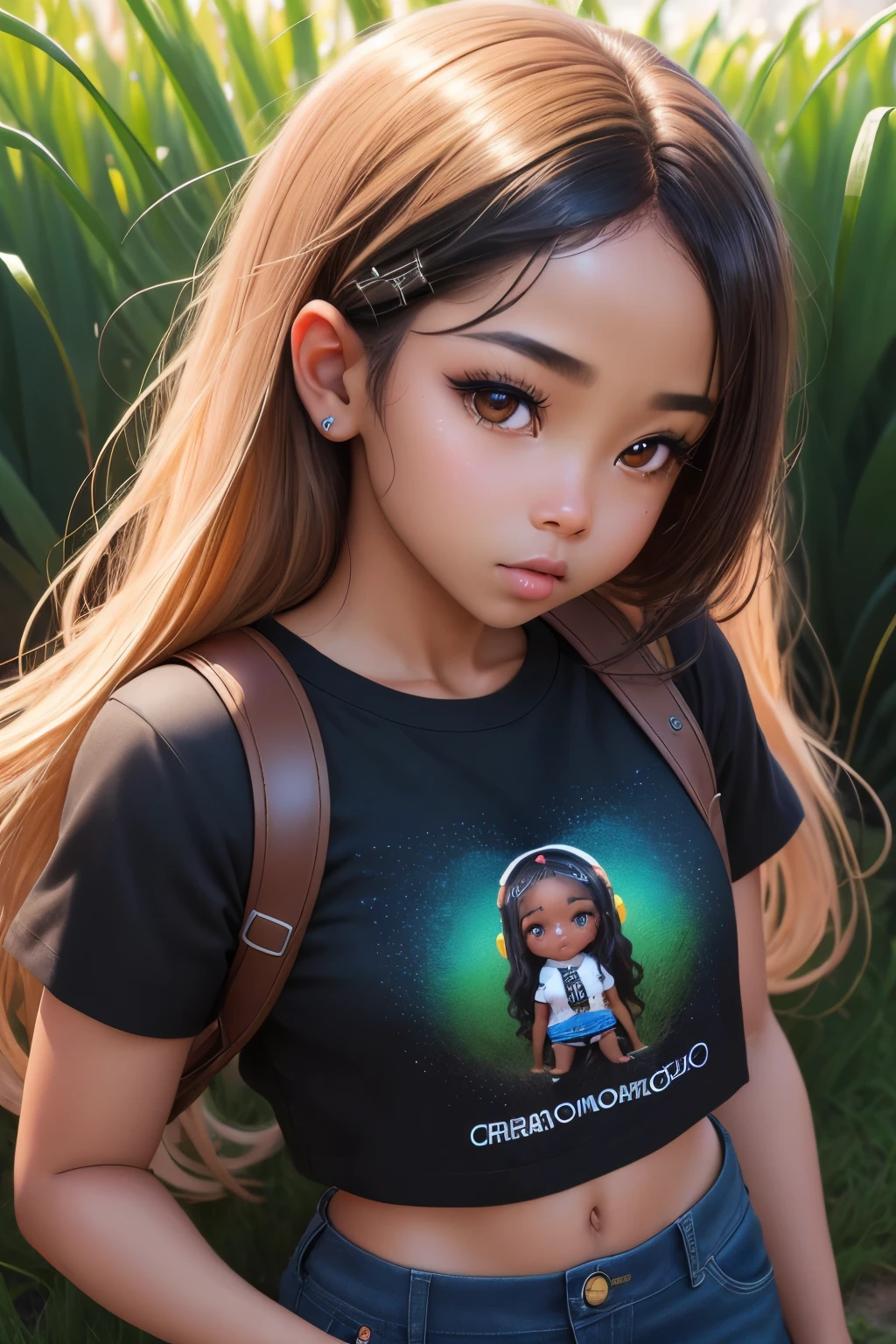 realistic portrait of a cute african american baby((cor de pele morena escura))、Olho grande、((Chibi))、((grassy))、Regatas、black pants、usar sapatos pretooda atual、cabelo estilo kanekalon、dark lighting background、um close、product preview、detalhes detalhados do rosto、rosto perfeito、nitidez、arte em alta、Sharp facial details、Sociedade CGSet、high quality digital art、 Hiper detalhe requintado、4k、8K Neon Lighting、-ISO 100 sonhador、Moda-