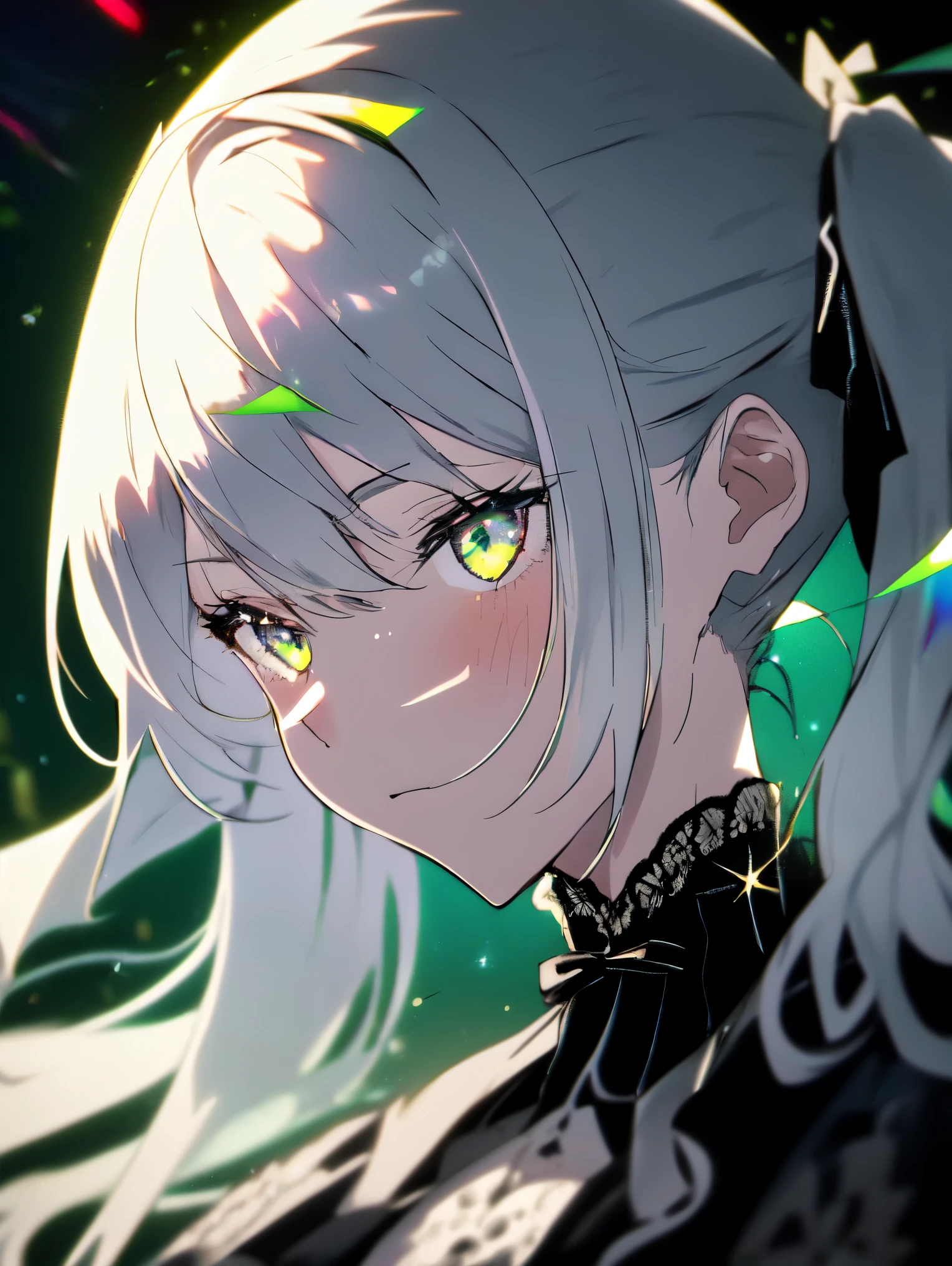 (1 girl),gothic,twin tails,gray hair, organdy lace,gorgeous and flashy costumes,gothic, flight, green, (colorful), Bold strokes, gradient blend, motion blur, shimmering texture, dynamic composition, atmospheric perspective, Impressionism, , (masterpiece), (highest quality), wonderful, (detailed and beautiful eyes), (finely), Depth of the bounds written, Very detailed CG, original, highly detailed wallpaper, (Bright colors), cinematic lighting,  (colorful), blush,beautiful anime