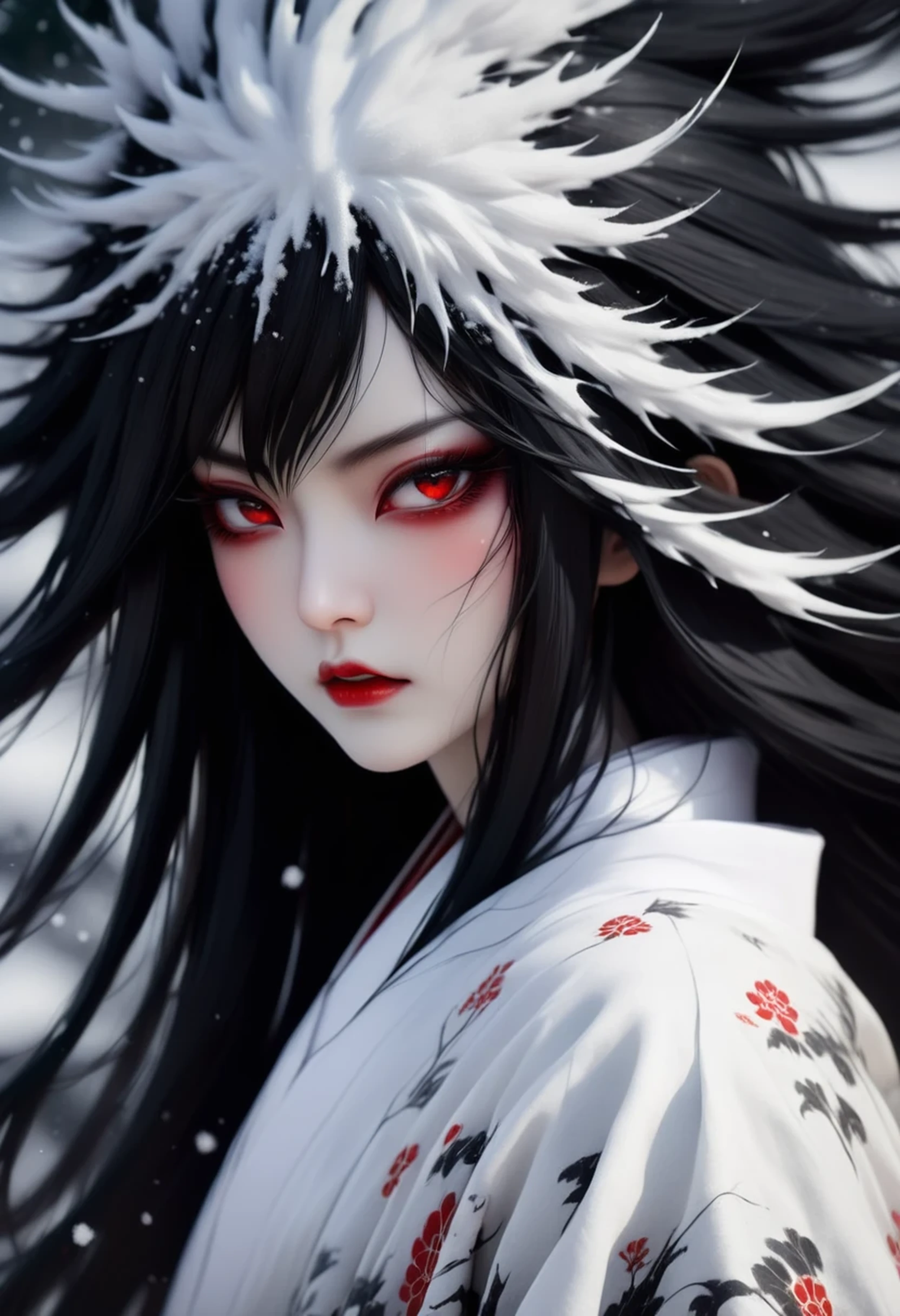 criatura feminina assustadora, (fechar-se), foto detalhada do olho esquerdo. mulher japonesa, pale skin, cabelo preto comprido, menacing red eyes. ela usa um quimono branco que flutua no vento da nevasca, (snow demon), (fundo desfocado)