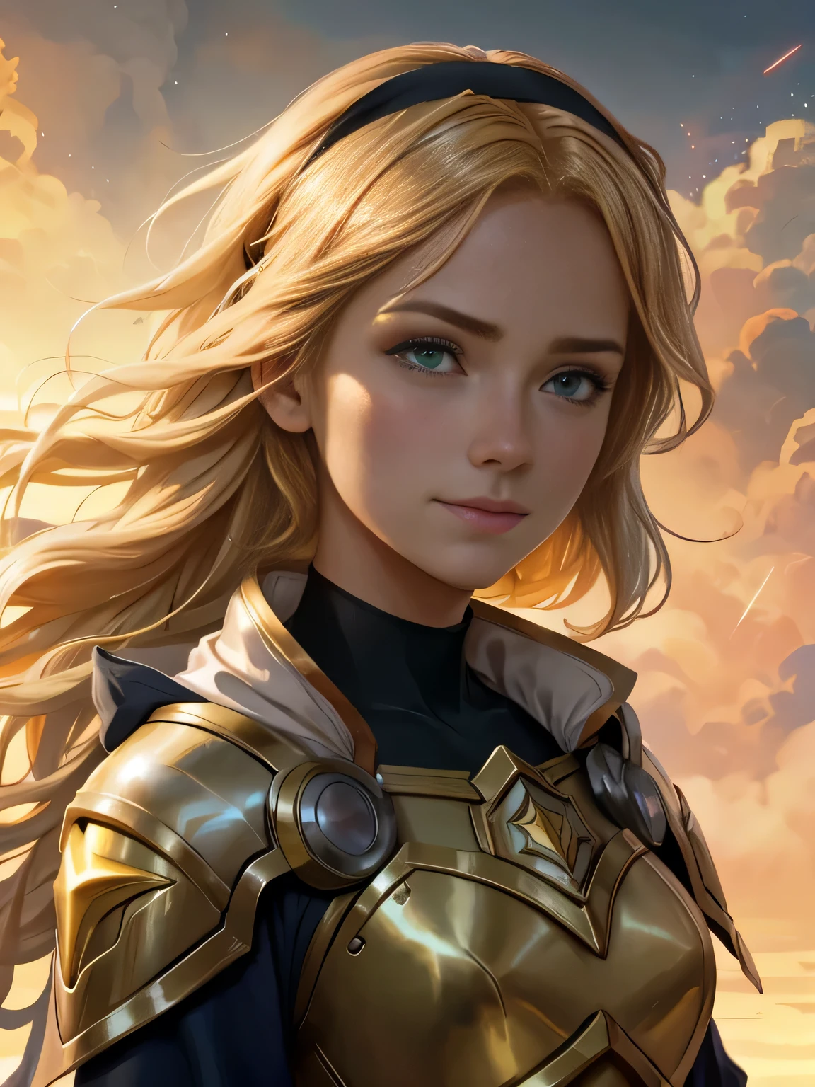 1girl, lux from leagueoflegends, lux lol, blond hair, ultra-detailed hairstyle, green eyes, hair band, face focus, 
powerpuff girls style, illustration of a girl floating in the sky, extremely close-up, warm soft lighting, sunset, cloud, cloudy sky, (sparks:0.7), (light particles:1.1), volumetric lighting, smug, smirk, art by artgerm and greg rutkowski and alphonse mucha