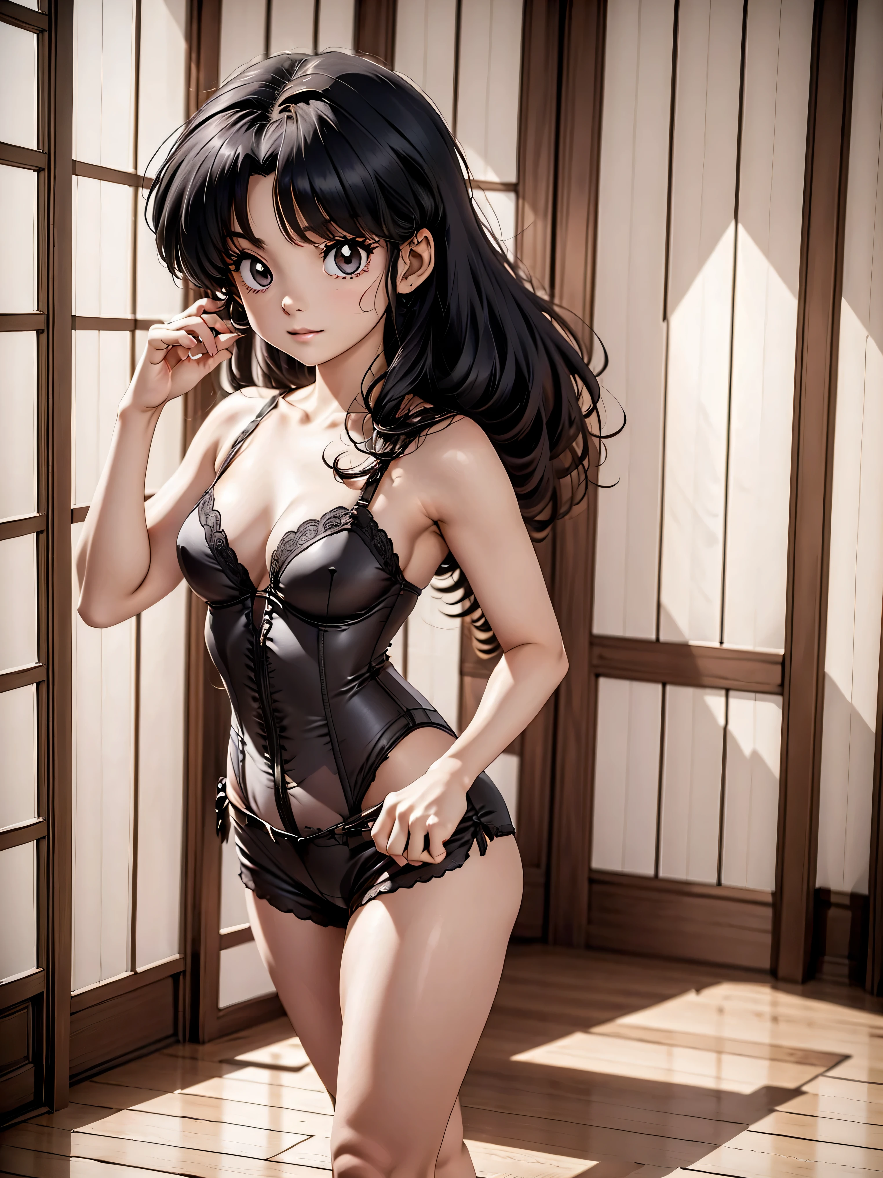 Anime girl with dark bluish hair in shorts and pink latex corset, 16 anos, Corpo bonito, peito grandes, with hands on waist, hands in her hair, garota sexy, cabelo azulado, side locks of hair with pink bow, locks of hair with a bow on the side of the face, beautiful lighting, sombras suaves, olhos castanhos, pernas bonitas tonificadas, cabelo curto, estilo anime, hand on the waist, hand in hair, character Akane Tendo, Autor Rumiko Takahashi, Baseado em uma obra de Rumiko Takahashi, Anime Ranma 1 / 2, decote sexy, quadris robustos, Corpo todo, Corpo todo, Grande busto, young girl with nice and beautiful body, sandals nos pés,  de 16 anos, wears shorts and latex corset,  anime, estilo anime, lindos pés em sandals, 45° viewing angle, ao ar livre, peito grande, Seios lindos, cabelo preto, sandals nos pés, lindas pernas, sexy, lindas pernas, sandals, peito grandes, Corpo todo, Corpo todo, pés com sandals, Grande busto