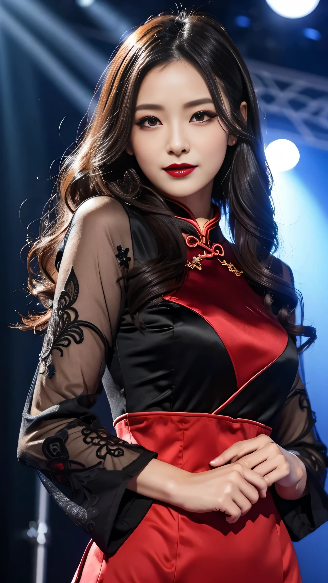 Super detailed、Japanese、charming beauty、seductive adult woman、Beautiful woman、sharp eyes、cool girl、wavy hair、long black cheongsam、wide sleeve、evilの幹部、evil depravity、brainwashing、Mind control、apply lipstick、grin、evilな表情、evil、empty eyes、evil、live stage、vampire、vampire、Hypnosia makeup brush