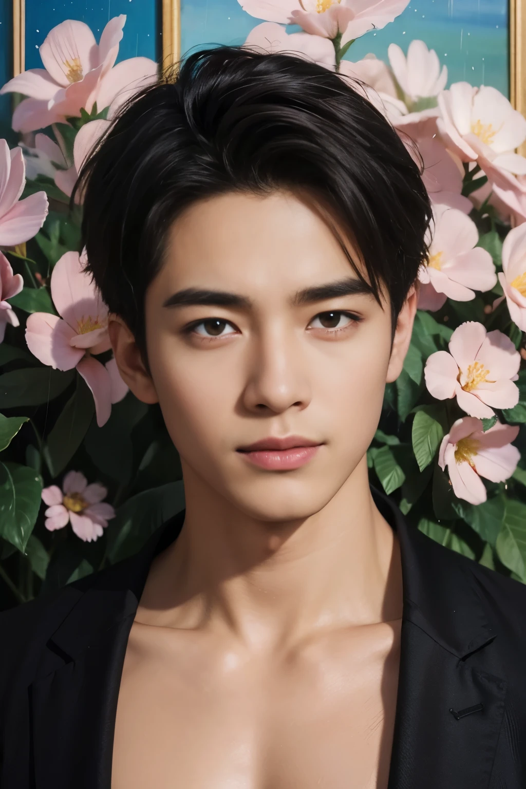 a muscular, 1 man, solo, (oil painting:1.5), (NSFW:1.2), a man joyfully twirling in the raining paint, 1boy, short hair, floral, Lycianthus ,In light pink and light blue styles..., Dreamy and romantic composition..., dripping flowers on his face, in the style of collage-based, made of insects, william wegman, colorism, white background, pencil art illustrations, national geographic photo, luxurious, extravagant, stylish, , opulent, elegance, stunning beauty, professional, high contrast, detailed, Depict a dreamy, whimsical scene with elements that seem to merge with the background