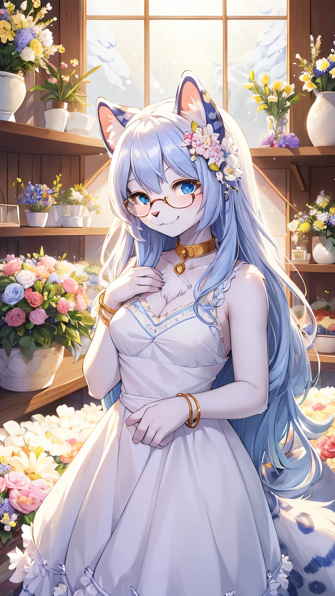 (fluffy anthro furry :1.3),snow leopard girl,medium breasts,blue long hair,white leopard ears,white leopard tail,blue leopard print fur,big round glasses,white dress with ribbon on back,sleeveless,flower hairpin,floral bracelet,round collar,beautiful flower shop,gold sunlight,looking at viewer,shy face,smile