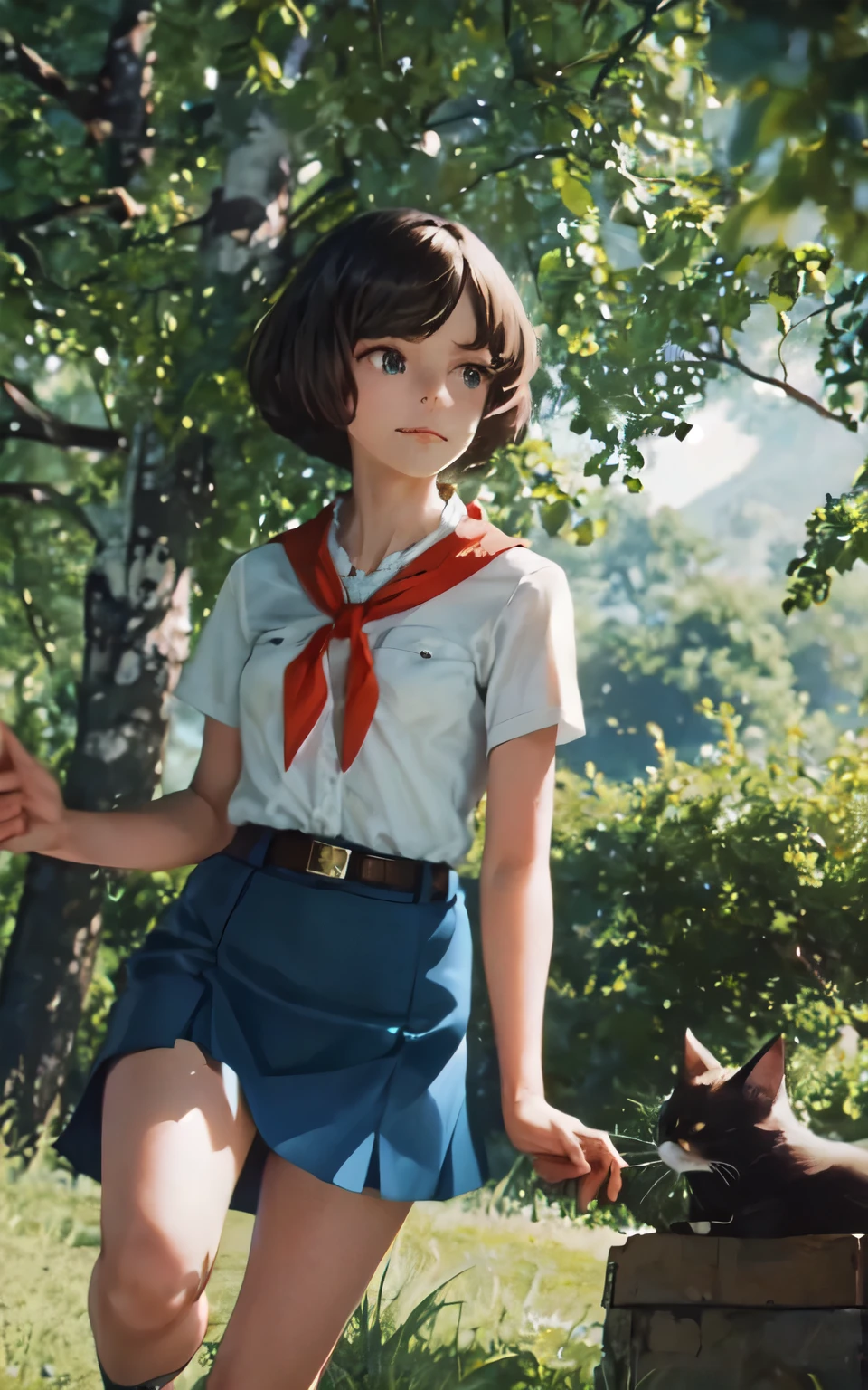 very young slim fit girl, full height, rounded face, (disheveled short hair:1.4), big blue eyes, shy smile, perfect flat breast, band on head with fake cat ears, pioneer neckerchief, short tight blue pleated skirt, bangs, tight white shirt, short sleeves, collared shirt, belt, red neckerchief, breast pocket
