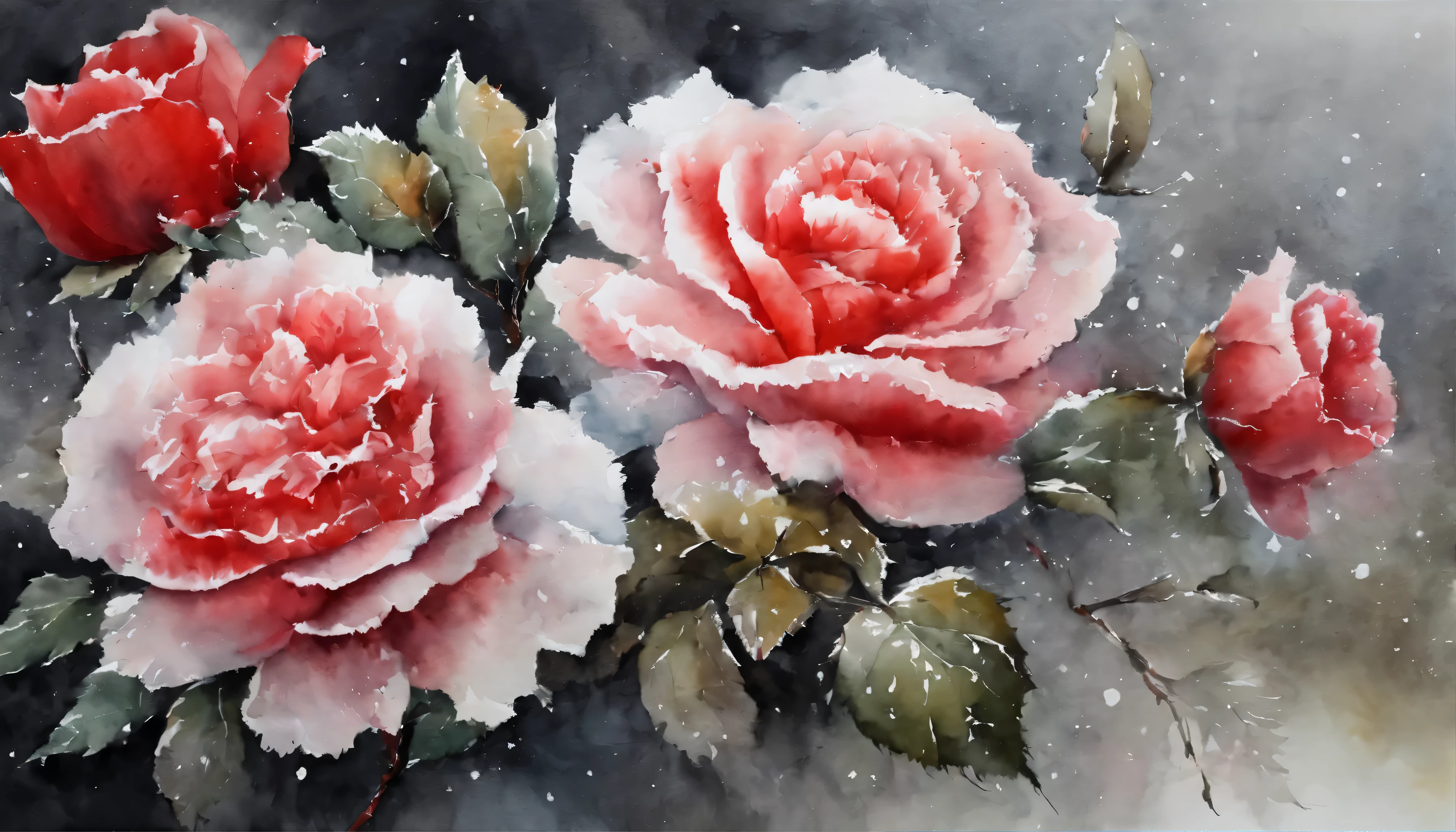 (((Huang Youwei))).watercolor painting。(a red rose),snow,Frost,Watercolor paper overlay texture,aperture,dark background