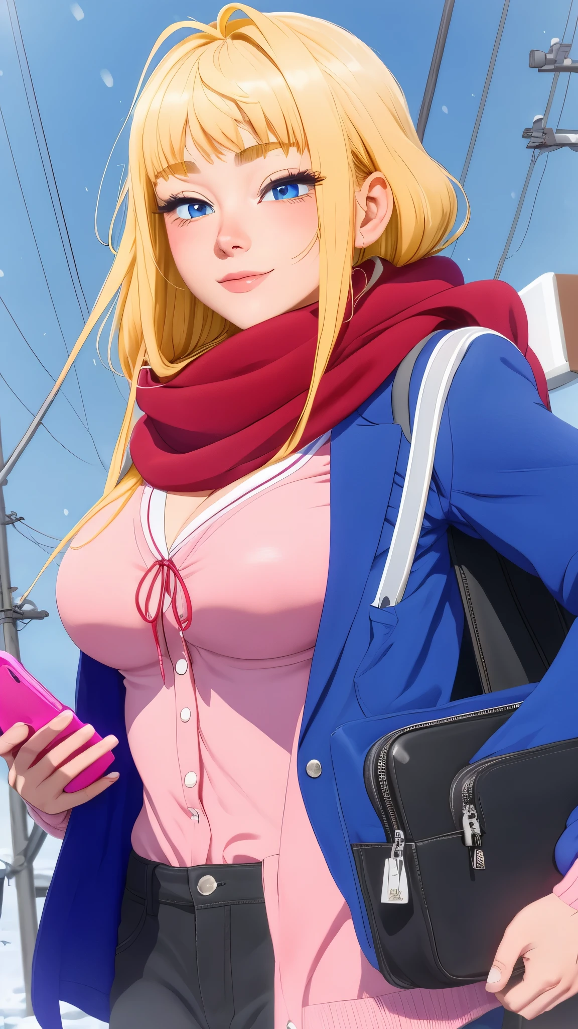 ((best quality)),((highly detailed)),masterpiece,absurdres,detailed face,beautiful face,(detailed eyes, deep eyes),(1girl),((dynamic pose)),  1girl, minami, blue eyes, blonde hair, breasts, phone, scarf, solo, cellphone, school bag, long hair, bag, large breasts, power lines, cleavage, red scarf, utility pole, jacket, holding, outdoors, looking at viewer, smartphone, holding phone, school uniform, blush, ahoge,  cardigan, bangs, upper body, sky, blue jacket, long sleeves, closed mouth, enpera, pink scarf, ribbon, open clothes, pink cardigan, snowing, v, cloud, blazer, open jacket, sidelocks, snow, shirt, eyelashes, day, jewelry, lips, blue sky, looking at phone, winter