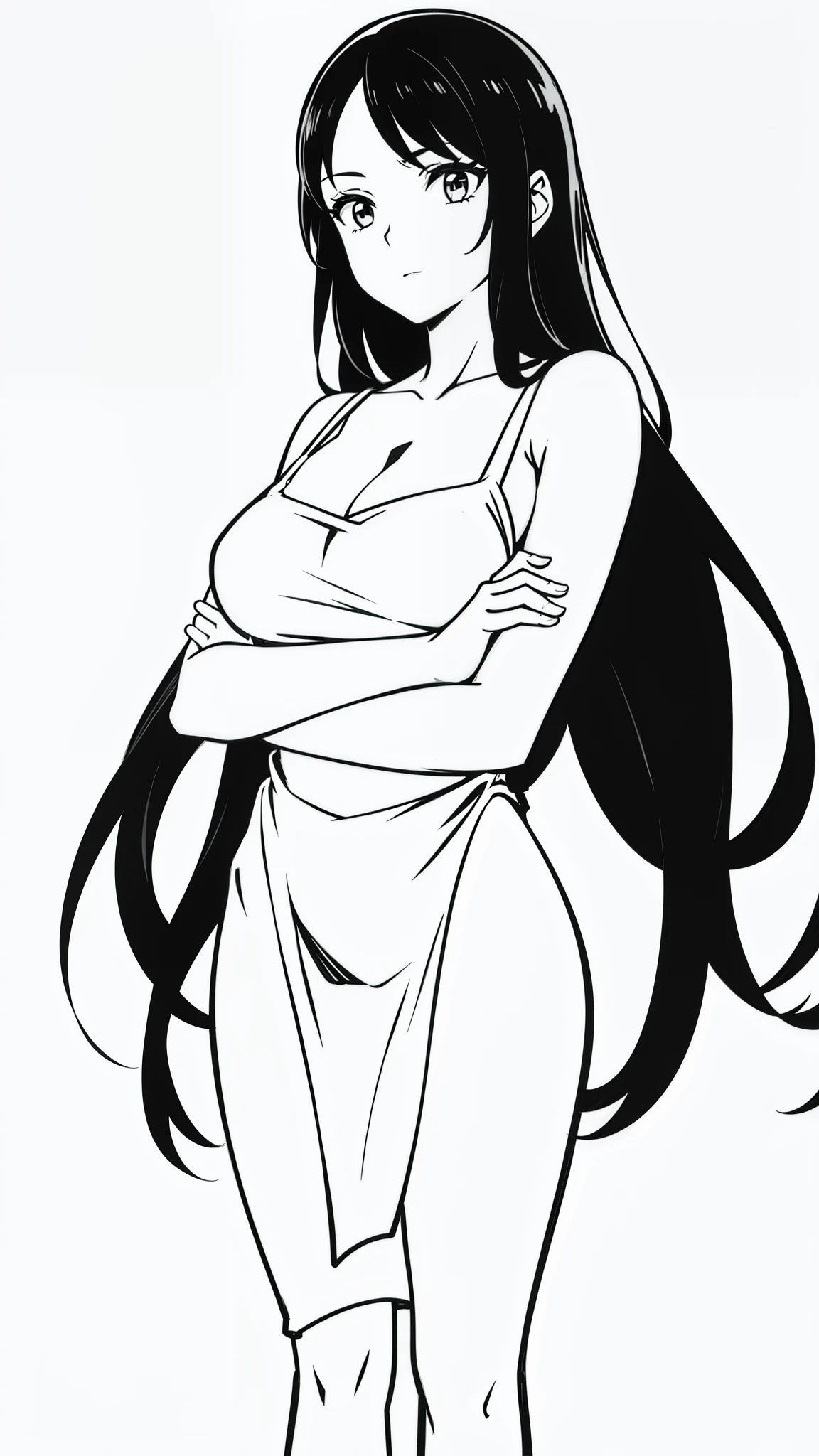 Coloring book for adults. Only black and white. low detail only main line. beautiful sensual nude and erotic woman with massive breasts. The breasts are not covered by anything. white background. white colors. full body view of blonde woman. (Ultra detailed:1.3) ((((best quality))) ,