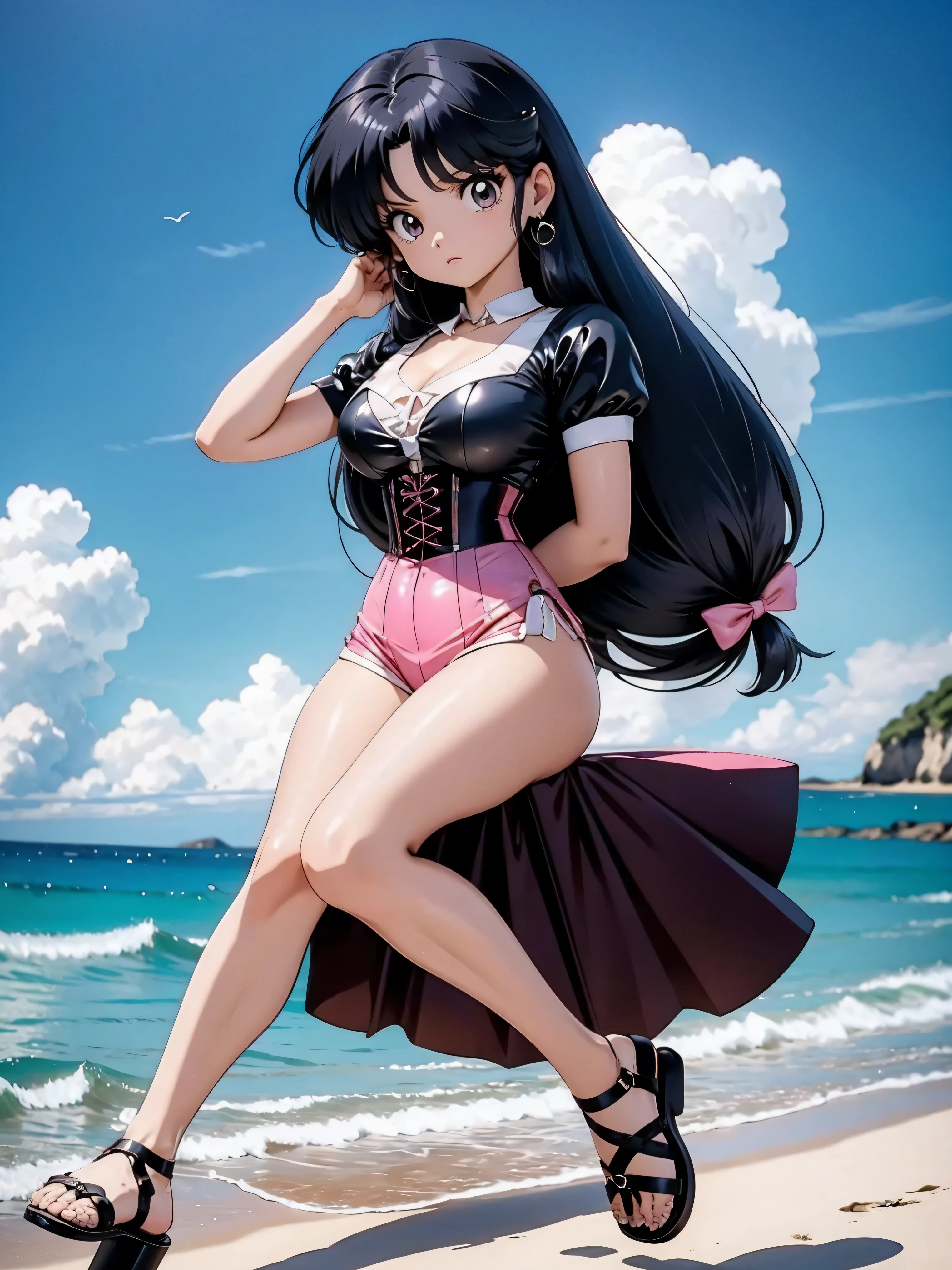 Anime girl with dark bluish hair in shorts and pink latex corset, *******, Corpo bonito, peito grandes, with hands on waist, hands in her hair, garota sexy, cabelo azulado, side locks of hair with pink bow, locks of hair with a bow on the side of the face, beautiful lighting, sombras suaves, olhos castanhos, pernas bonitas tonificadas, cabelo curto, estilo anime, hand on the waist, hand in hair, character Akane Tendo, Autor Rumiko Takahashi, Baseado em uma obra de Rumiko Takahashi, Anime Ranma 1 / 2, decote sexy, quadris robustos, Corpo todo, Corpo todo, Grande busto, young girl with nice and beautiful body, sandals nos pés,  de *******, wears shorts and latex corset,  anime, estilo anime, lindos pés em sandals, 45° viewing angle, ao ar livre, peito grande, Seios lindos, cabelo preto, sandals nos pés, lindas pernas, sexy, lindas pernas, sandals, peito grandes, Corpo todo, Corpo todo, pés com sandals, Grande busto