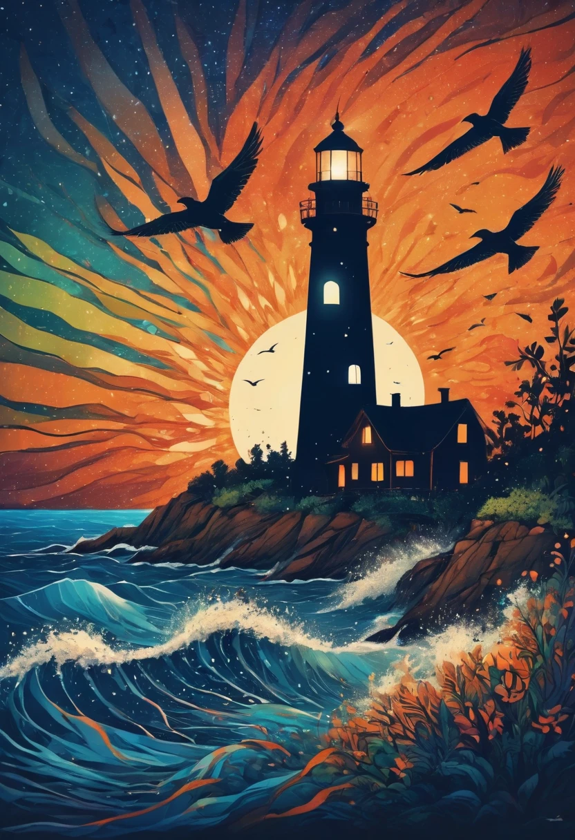 (best quality,highres:1.2),silhouette of a Lighthouse,colorful background,blue,orange,green,blurred,zentangle style,black,brown, crunch it, make it outstanding, the best emotive silhouette ever, sparkles, light explosions, flying birds, magical, thanks. By Tupu...lol...
