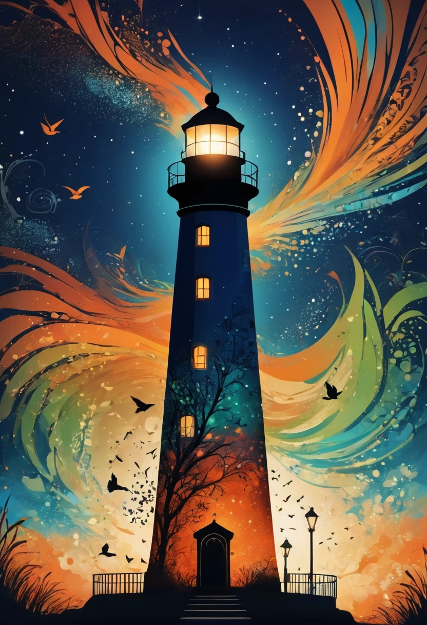 (best quality,highres:1.2),silhouette of a Lighthouse,colorful background,blue,orange,green,blurred,zentangle style,black,brown, crunch it, make it outstanding, the best emotive silhouette ever, sparkles, light explosions, flying birds, magical, thanks. By Tupu...lol...