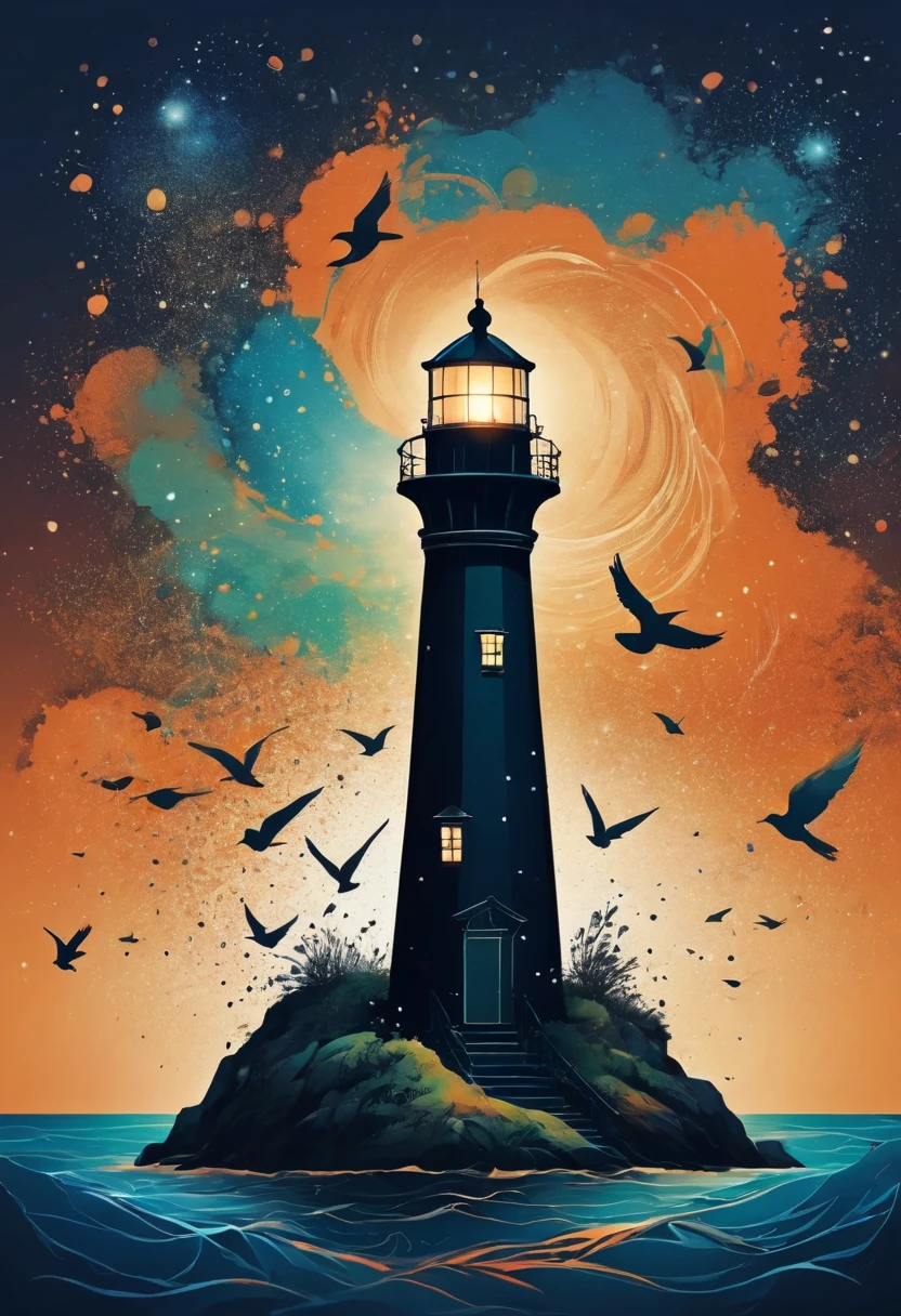 (best quality,highres:1.2),silhouette of a Lighthouse,colorful background,blue,orange,green,blurred,zentangle style,black,brown, crunch it, make it outstanding, the best emotive silhouette ever, sparkles, light explosions, flying birds, magical, thanks. By Tupu...lol...