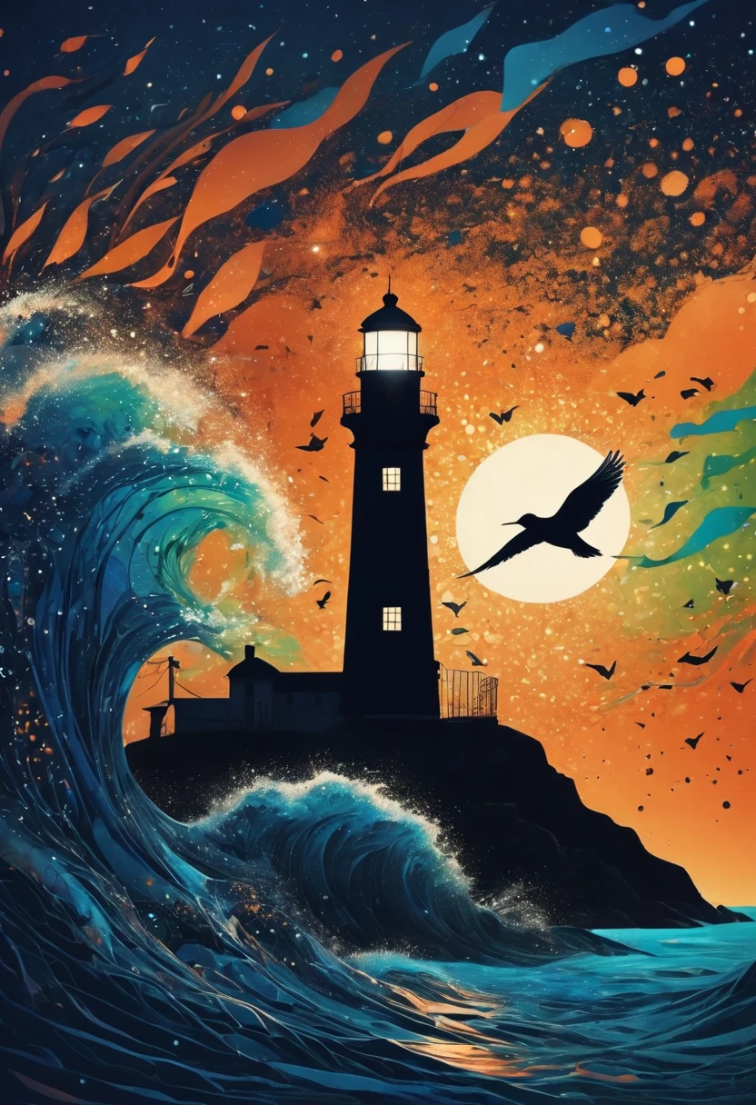 (best quality,highres:1.2),silhouette of a Lighthouse,colorful background,blue,orange,green,blurred,zentangle style,black,brown, crunch it, make it outstanding, the best emotive silhouette ever, sparkles, light explosions, flying birds, magical, thanks. By Tupu...lol...
