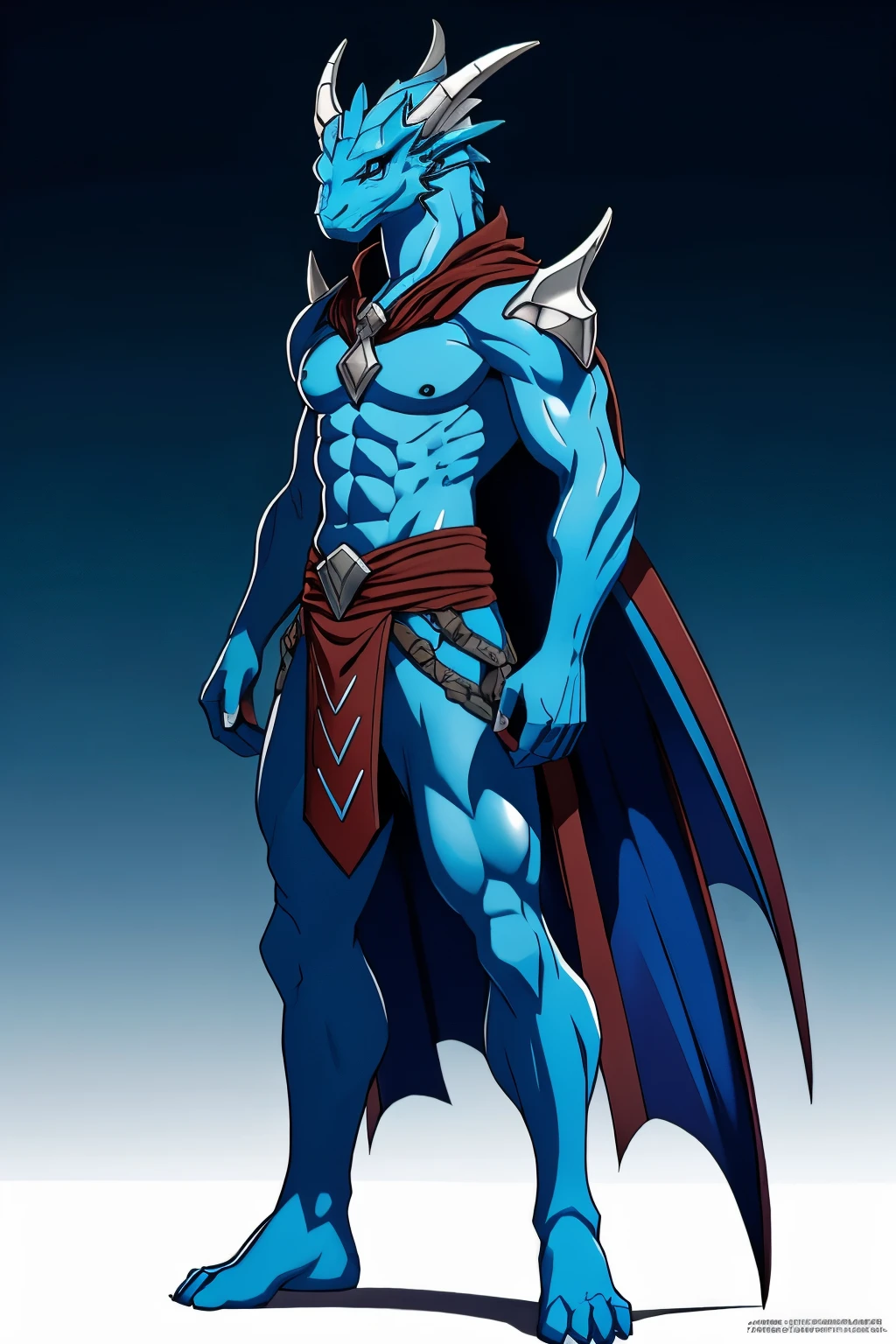 a close up of a blue dragon with a white background, full body dragon concept, dragon body, human body with dragon features, blue scaled dragon, blue dragon, anthro dragon art, detailed full body concept, high quality character design, red brutal scars, brown cape