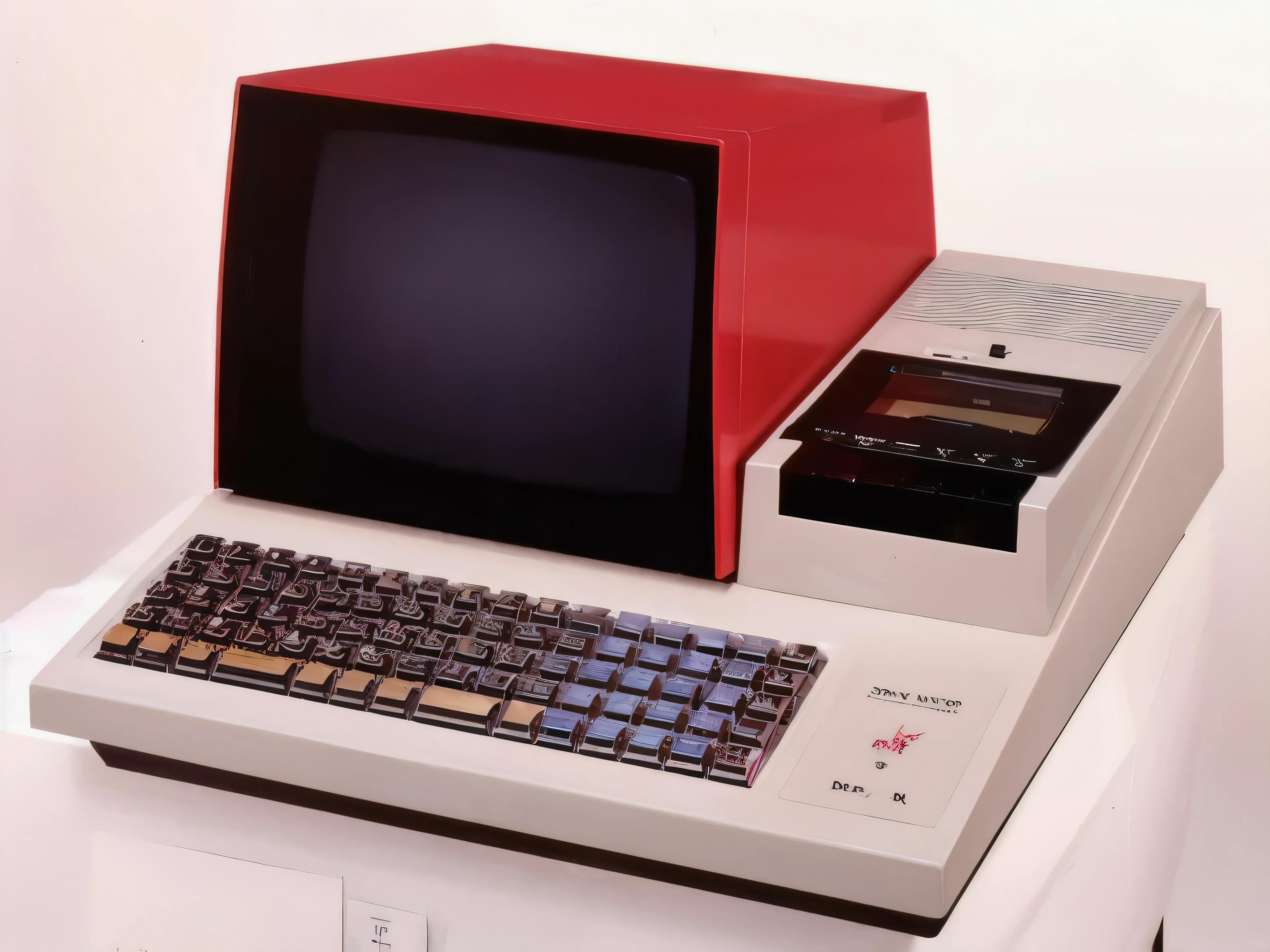 there is a small computer with a red box on top of it, 1 9 8 0 s computers, 1 9 8 0 s tech, old computer, 1980s computer graphics, old computers, sci-fi computer, computer made out of human flesh, early computer graphics, defunct technology, futuristic computer