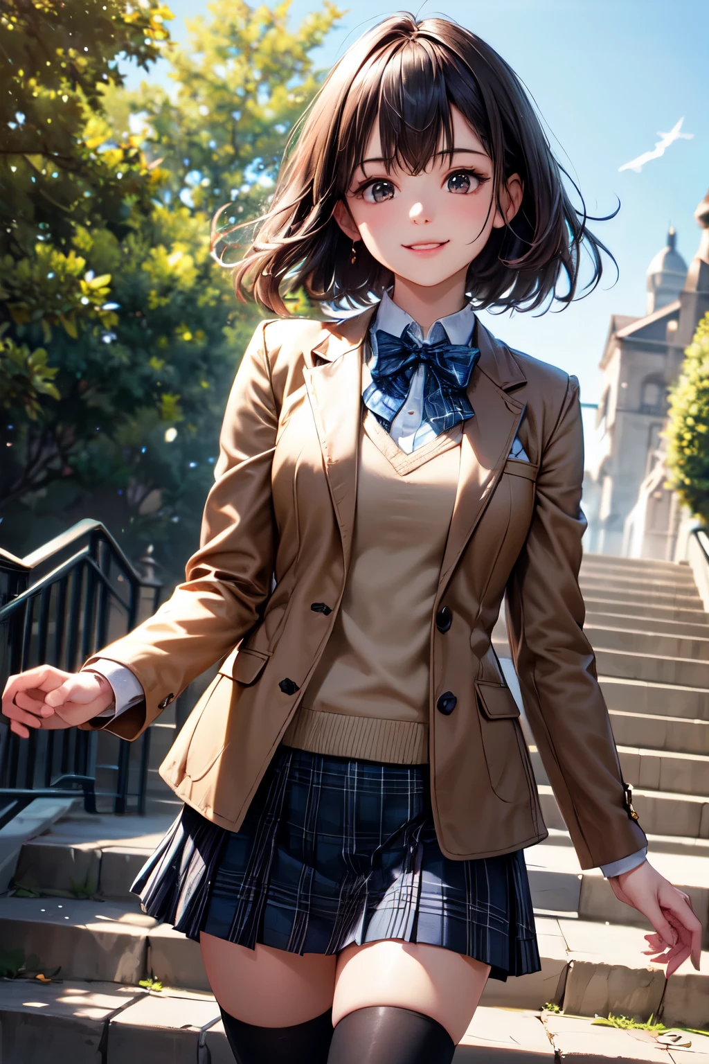 very cute and beautiful girl,(highly detailed beautiful face),(smile),happy,cowboy shot,
(brown jacket:1.2),collared shirt,plaid bowtie BREAK detailed legs,zettai ryouiki,brown shoulder bag,brown boots,
stylish pose,dynamic angle,hair ornament,black hair,(blue plaid mini skirt:1.2),arbor in rose garden,stone stairs,
(best quality,masterpiece:1.2),absurdres,highres,ultra-detailed,extremely detailed,32k,8k resolution,
intricate details,cinematic scene,detailed background,solo,dynamic angle,
solo,natural lighting,hair fluttering in the wind,beautiful detailed sky,