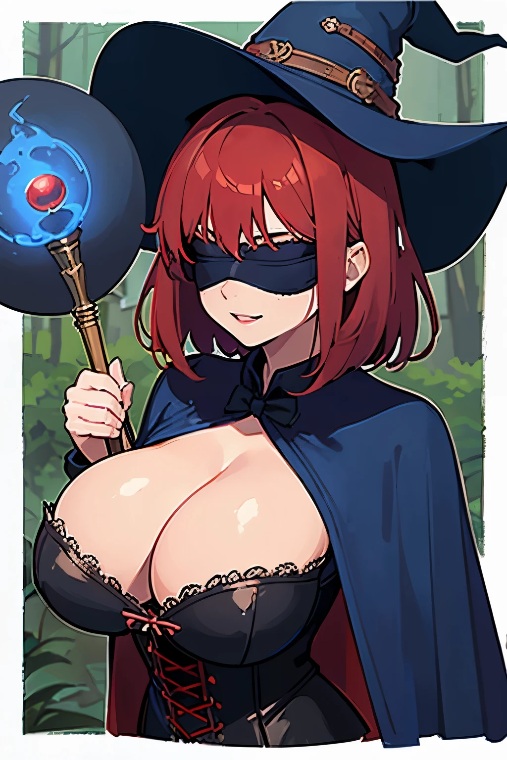 20 years old, (witch:1.2), (blue velvet:1.1), witch hat, (round breasts), (redhead), (messy square cut hair), forest background, cape, (magic staff:1.1), (blindfolded:1.2), (slutty corset:1.2), (detailed face and eyes:1.2), (huge breasts:1.1), (bimbo:1.2), (deep cleavage:1.1), (labia:1.2), (teat outline:1.2).