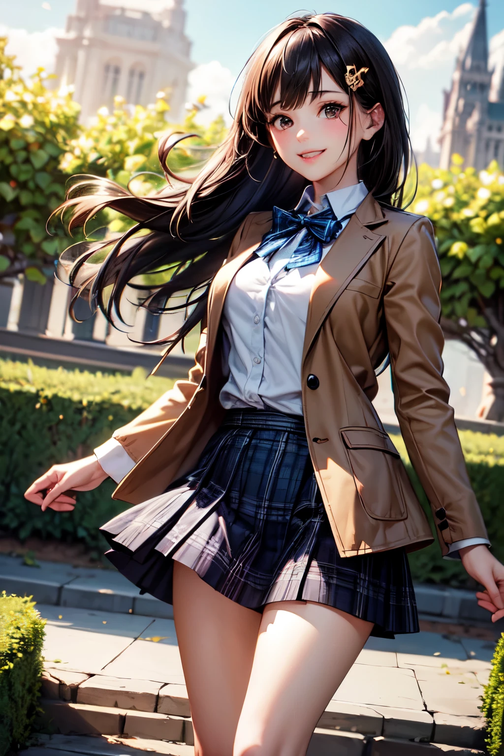 very cute and beautiful girl,(highly detailed beautiful face),(smile),happy,cowboy shot,
(brown jacket:1.2),collared shirt,plaid bowtie BREAK detailed legs,zettai ryouiki,brown shoulder bag,brown boots,
stylish pose,dynamic angle,hair ornament,black hair,(blue plaid mini skirt:1.2),arbor in rose garden,stone stairs,
(best quality,masterpiece:1.2),absurdres,highres,ultra-detailed,extremely detailed,32k,8k resolution,
intricate details,cinematic scene,detailed background,solo,dynamic angle,
solo,natural lighting,hair fluttering in the wind,beautiful detailed sky,