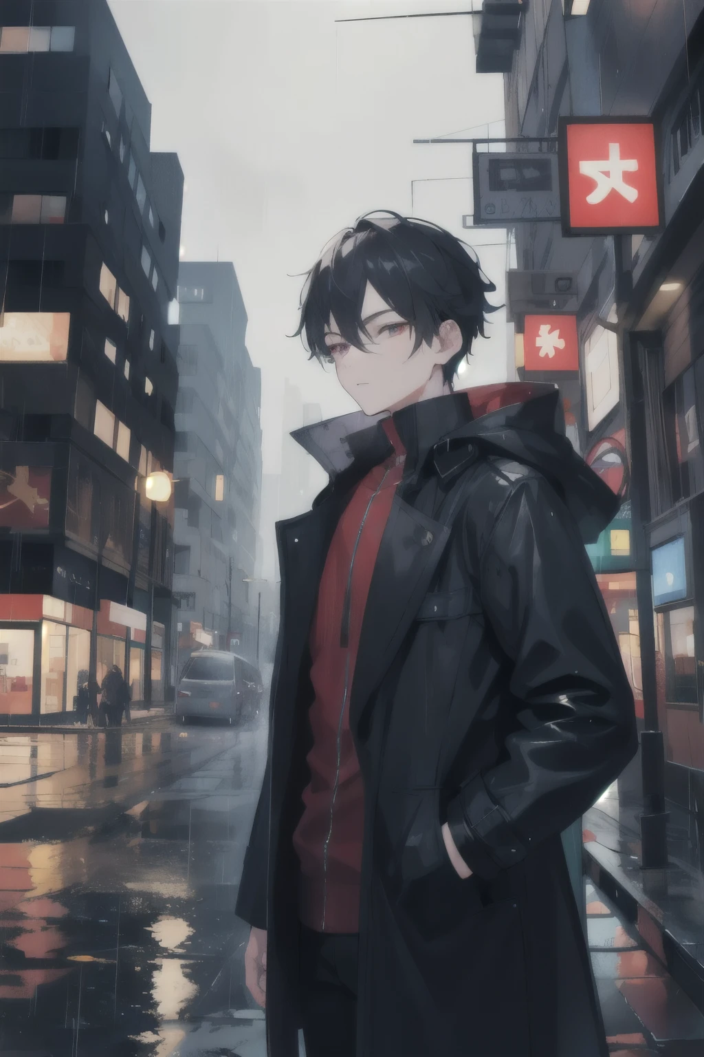 1 boy,City of night,rain,coat,put one&#39;s hand in one&#39;s pocket