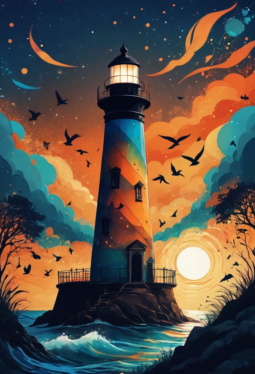 (best quality,highres:1.2),silhouette of a Lighthouse,colorful background,blue,orange,green,blurred,zentangle style,black,brown, crunch it, make it outstanding, the best emotive silhouette ever, sparkles, light explosions, flying birds, magical, thanks. By Tupu...lol...