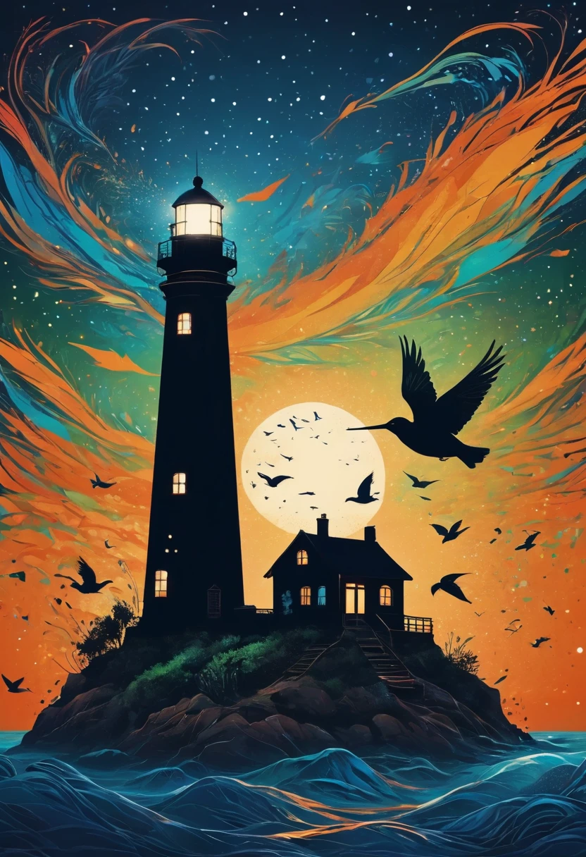 (best quality,highres:1.2),silhouette of a Lighthouse,colorful background,blue,orange,green,blurred,zentangle style,black,brown, crunch it, make it outstanding, the best emotive silhouette ever, sparkles, light explosions, flying birds, magical, thanks. By Tupu...lol...