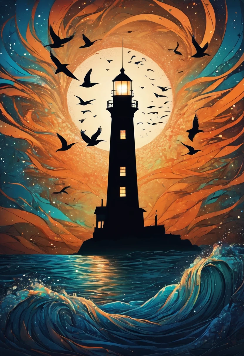 (best quality,highres:1.2),silhouette of a Lighthouse,colorful background,blue,orange,green,blurred,zentangle style,black,brown, crunch it, make it outstanding, the best emotive silhouette ever, sparkles, light explosions, flying birds, magical, thanks. By Tupu...lol...
