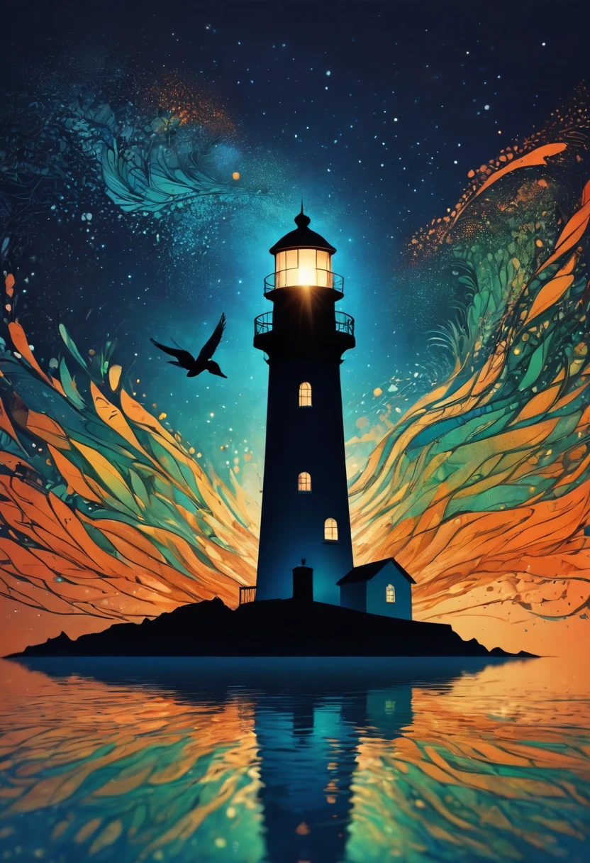 (best quality,highres:1.2),silhouette of a Lighthouse,colorful background,blue,orange,green,blurred,zentangle style,black,brown, crunch it, make it outstanding, the best emotive silhouette ever, sparkles, light explosions, flying birds, magical, thanks. By Tupu...lol...