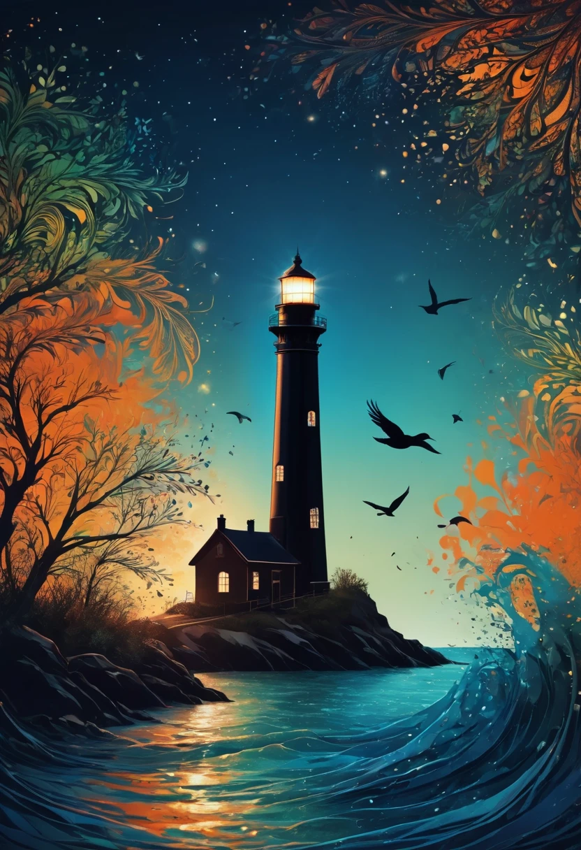 (best quality,highres:1.2),silhouette of a Lighthouse,colorful background,blue,orange,green,blurred,zentangle style,black,brown, crunch it, make it outstanding, the best emotive silhouette ever, sparkles, light explosions, flying birds, magical, thanks. By Tupu...lol...