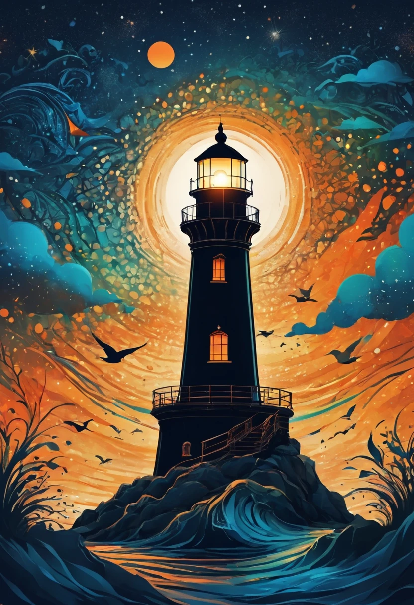 (best quality,highres:1.2),silhouette of a Lighthouse,colorful background,blue,orange,green,blurred,zentangle style,black,brown, crunch it, make it outstanding, the best emotive silhouette ever, sparkles, light explosions, flying birds, magical, thanks. By Tupu...lol...