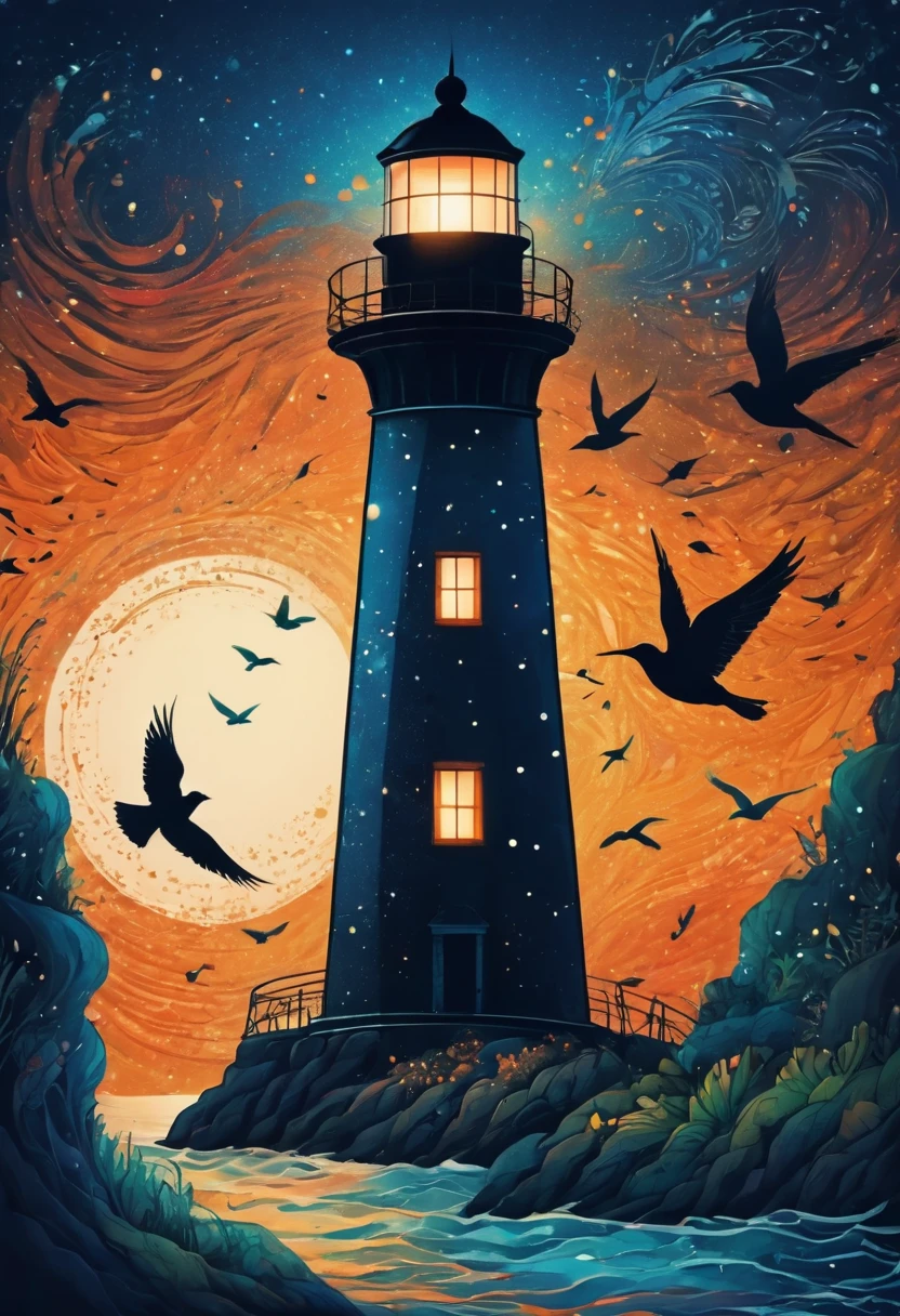 (best quality,highres:1.2),silhouette of a Lighthouse,colorful background,blue,orange,green,blurred,zentangle style,black,brown, crunch it, make it outstanding, the best emotive silhouette ever, sparkles, light explosions, flying birds, magical, thanks. By Tupu...lol...