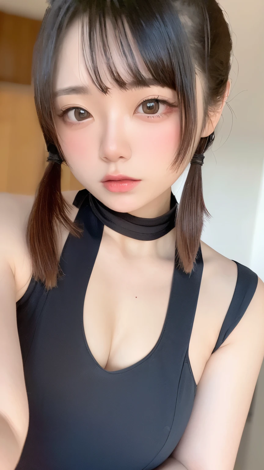 High resolution, High level image quality, high detail,, anatomically correct, sharp, gray bacKground、((Japanese)), alone,snow-white sKin,fair sKin、plump lips、very cute、(((small breasts、small breasts)))、An ennui looK、 well-shaped chest, mesh brown hair、twin tails:1.3、short hairのtwin tails:1.1、short hair、stylish blacK dress:1.3、(((stand upright, facing the center of the screen.))) ((upper body angle))、RAW photo、highest quality、super resolution、best image quality、masterpiece、８K