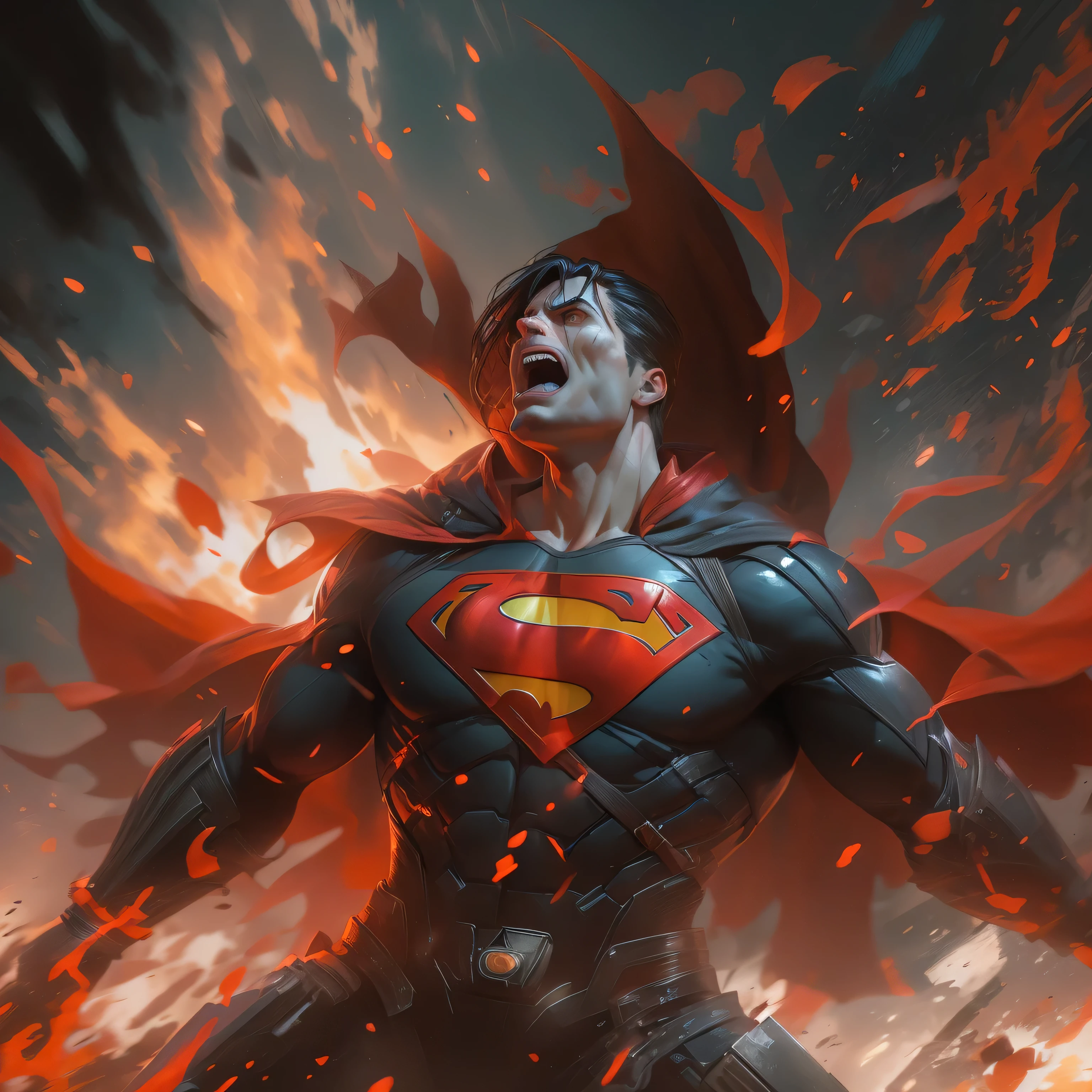 side view of Superman screaming in a falling position, slapping intensely, disintegrating in gunmetal black in dark knight costume, T-shaped mask, T-symbol on chest, in front of a fire, epic anime art, artgerm craig mullins, anime concept hdr anime macmanus, jin - roh, by Arthur Pan, antoine collignon, by Yang J, with bright red eyes, style of raymond swanland, artgerm and craig mullins, red son, dan mumford. 8k octane rendering