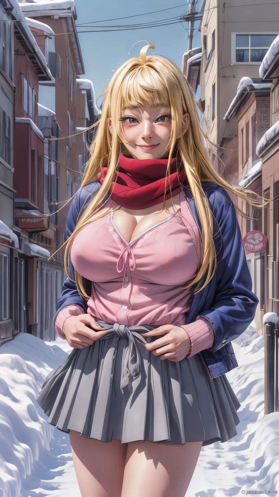 , 1 girl, ahoge, alone, Minami Fuyuki, blonde hair, long hair, looking at viewer, smile, (blush on nose: 1.2), pink cardigan, neckline, blue jacket, open jacket, red scarf, pleated skirt, skirt gray, outdoors, snow, upskirt, self-lifted, no panties, thick thighs, nsfw, (from bottom: 1.2), uncensored, ,(high resolution: 1.2), (ultra detailed: 1.2), [high dynamic range lighting], (masterpiece: 1.3), (best quality), high quality intricate details, (extremely detailed CG unity 8k wallpaper : 1.2), best shadow, (extremely detailed fine touch: 1.2), (high resolution), (4k), (pixiv), perfect face, pretty eyes and face, (super detailed), detailed face and eyes, textured skin, absurd, high resolution, deep skin, perfect anatomy, perfect hands, big breasts, medium waist, wide hips, medium thighs