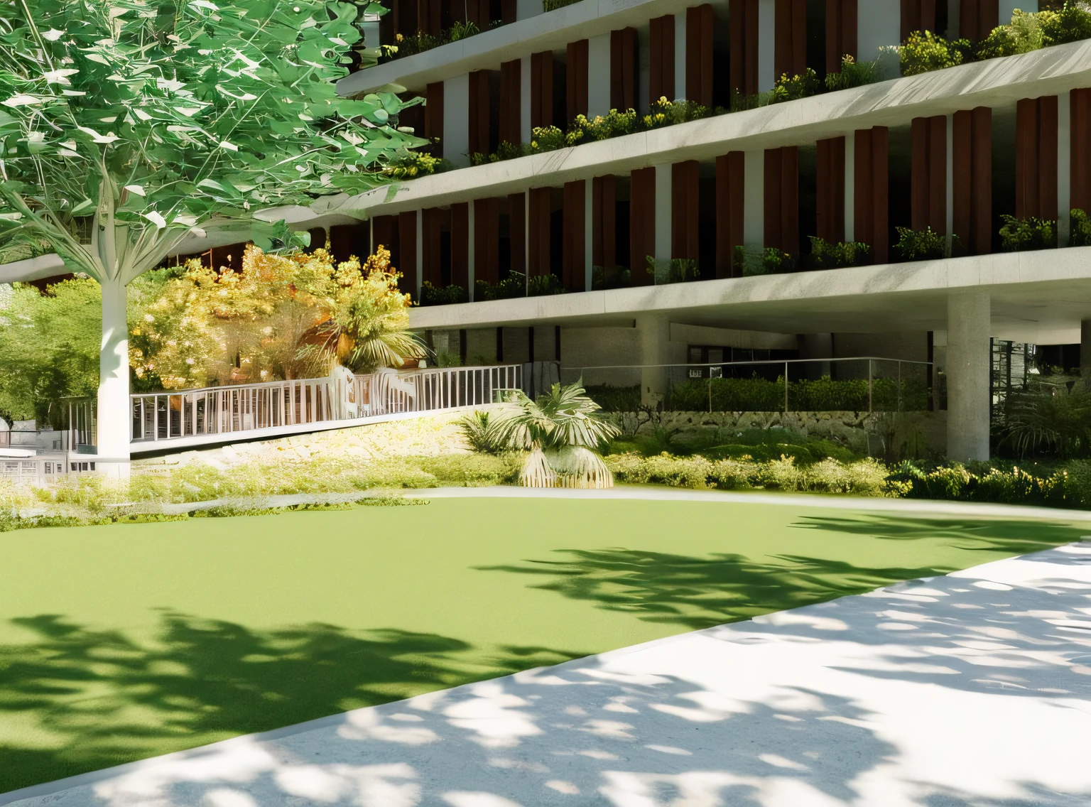 rendering of a courtyard with a walkway and a tree in the foreground, green terrace, architectural render, low angle dimetric rendering, architectural visualisation, detailed rendering, lush surroundings, vibrant greenery outside, lush garden surroundings, green spaces, architectural 3 d render, artistic impression, architectural rendering, insanely detailed rendering, realistic physical rendering, architecture render, high-quality render