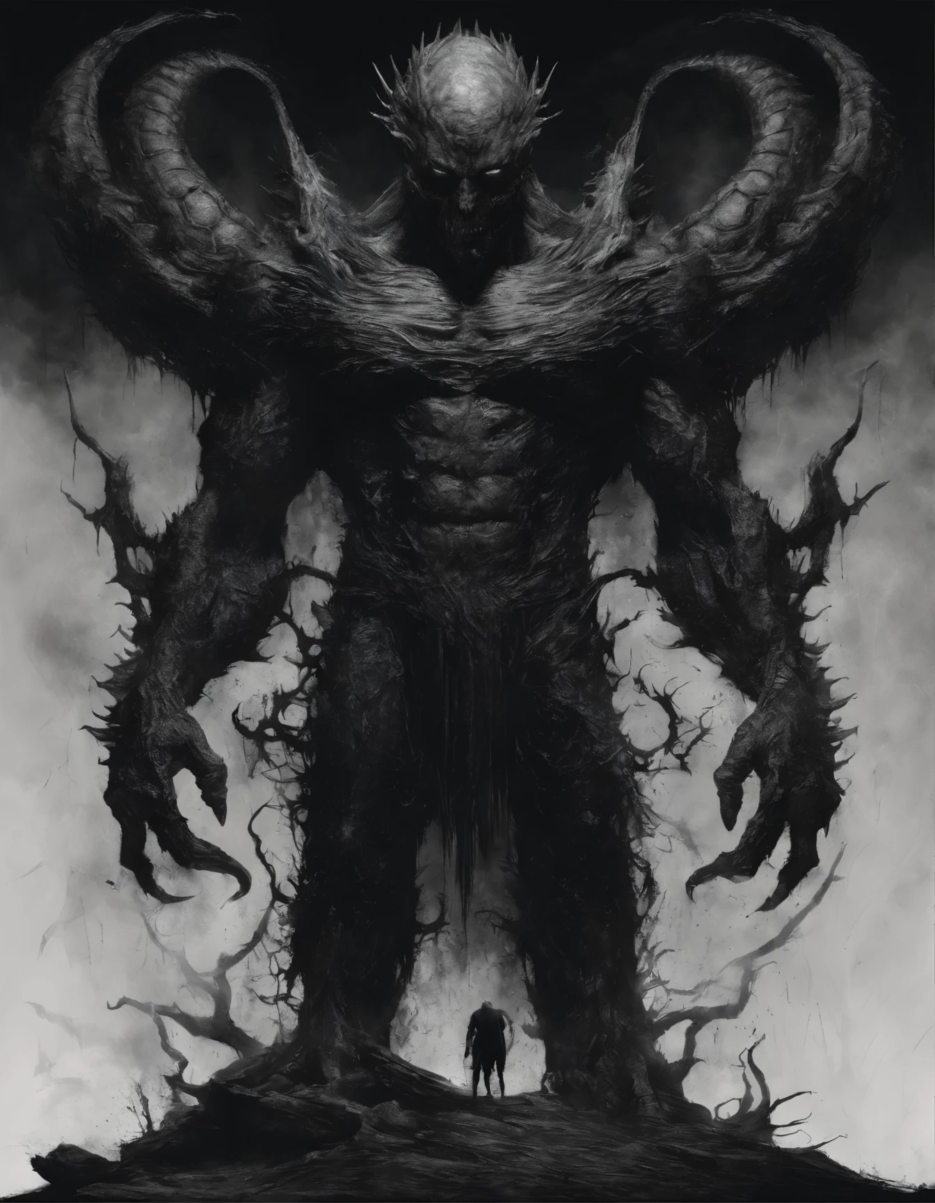Masterpiece, highest quality, a monstrotious unhuman creature, amorphous black goo body, super muscular, humanoid face, two pair of large muscular hands, massive dragon tail, long muscular legs, fierceful stance, standing in full size at the edge of the mountain, full-body portraits, long shot, symmetrical dragon wings, ink art, black aura